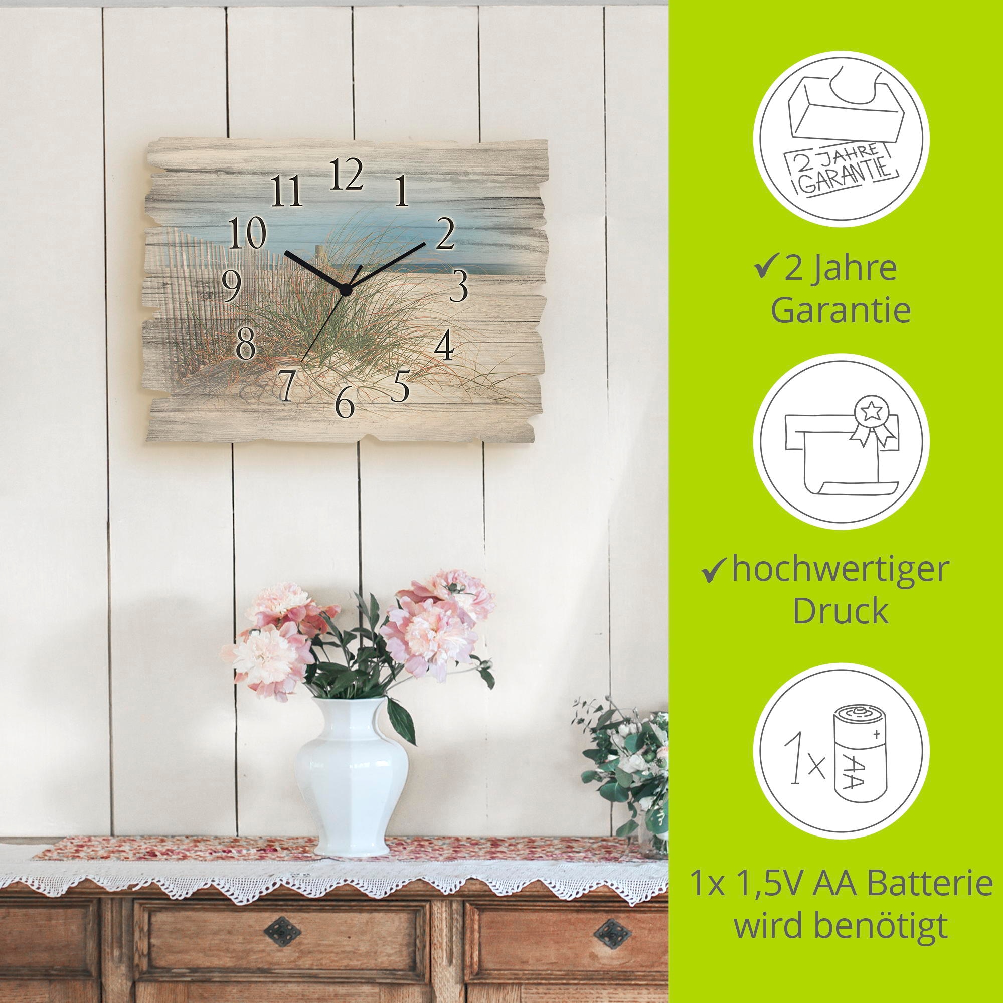 Artland Wanduhr »Schöne Sanddüne mit Gräsern und Zaun« wahlweise mit  Quarz- oder Funkuhrwerk, lautlos ohne Tickgeräusche