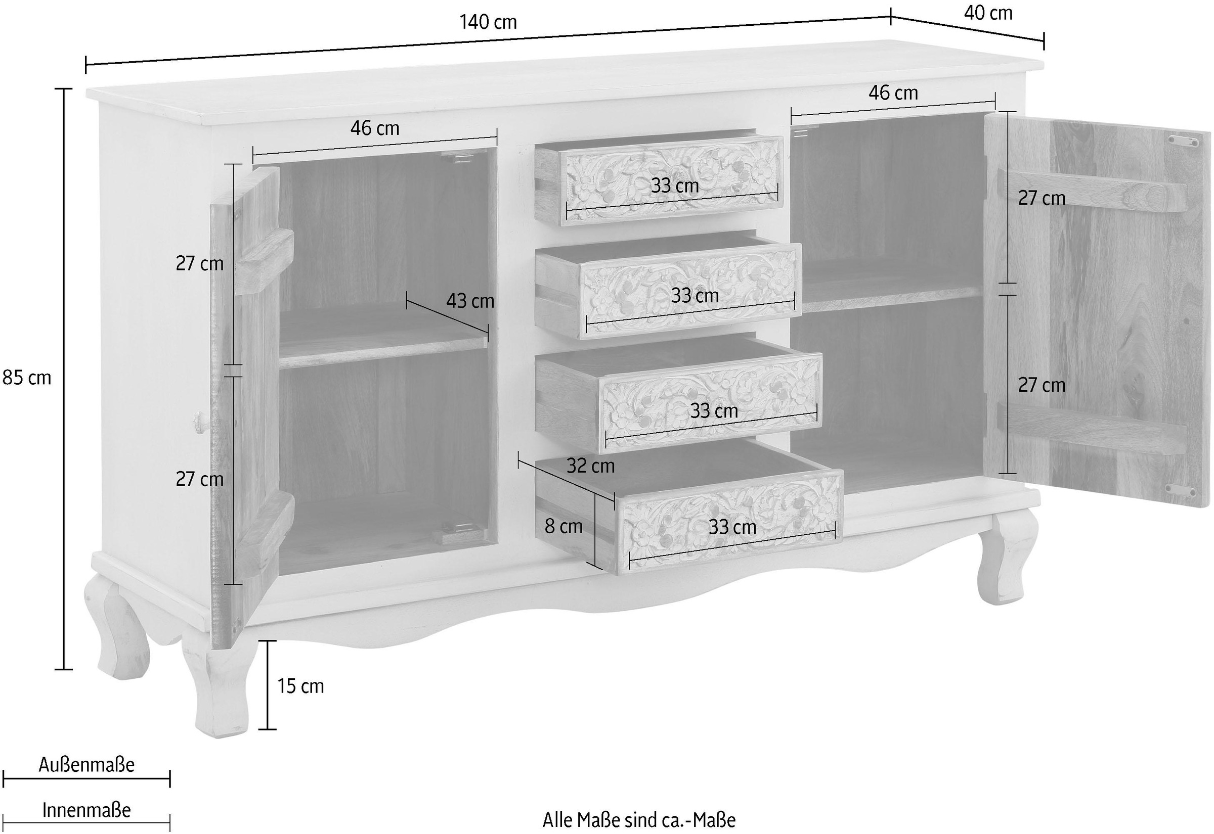 Home affaire Sideboard »Rajat«, Kommode aus Mangoholz mit Türfrontfräsungen, Breite 140 cm