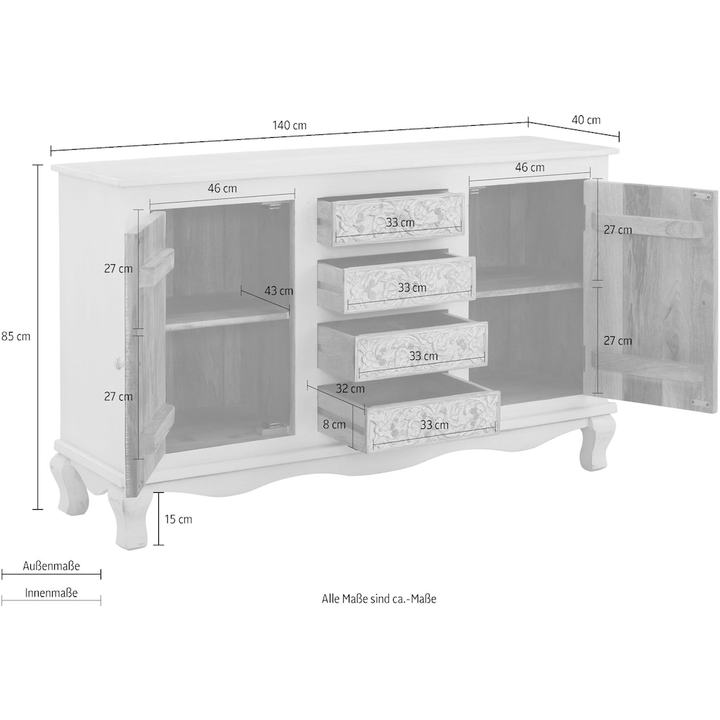 Home affaire Sideboard »Rajat«, aus Mangoholz und beeidruckenden Türfrontfräsungen, Breite 140 cm