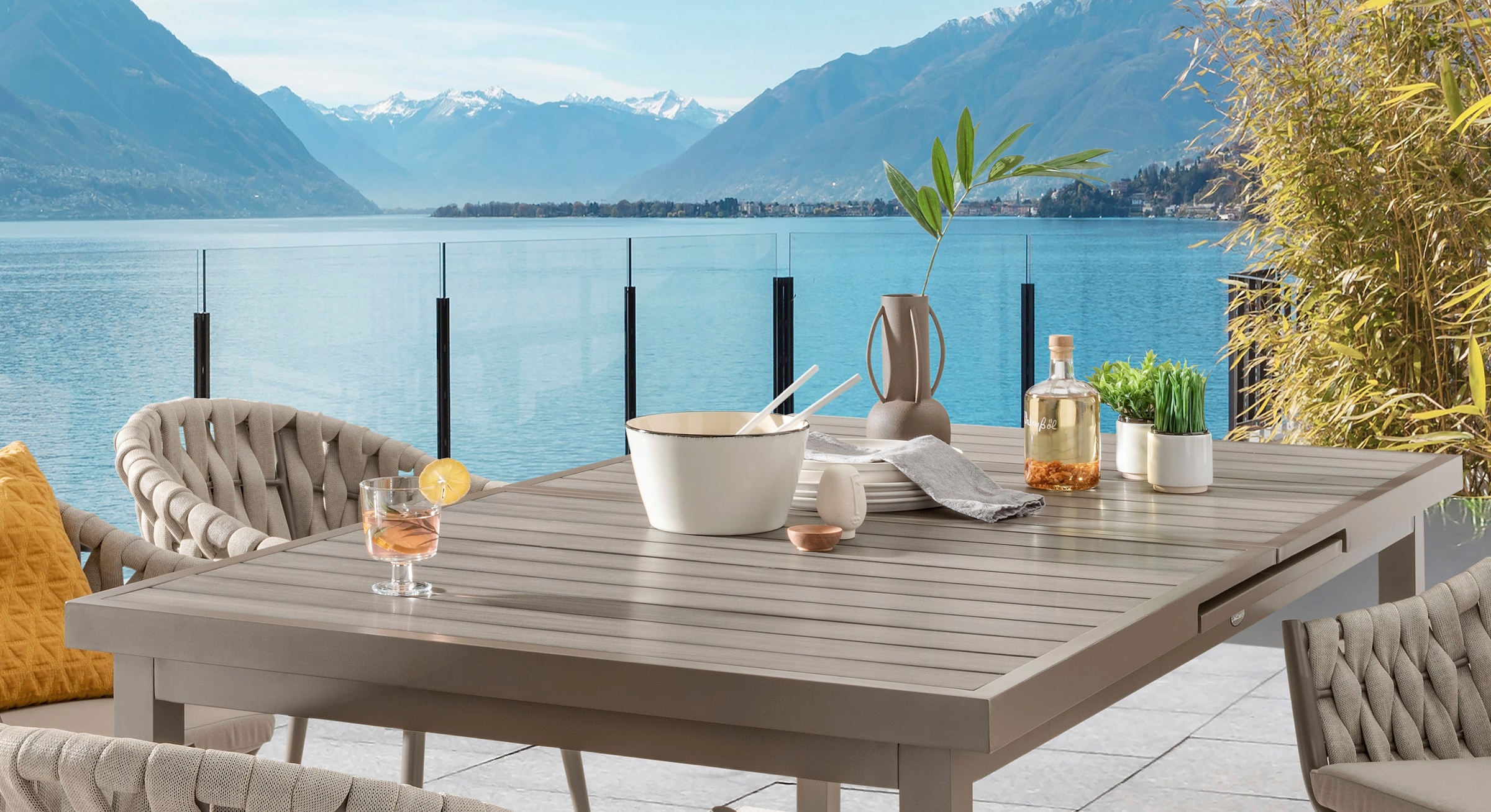 Destiny Garten-Essgruppe »MOLINO IMOLA«, (Set, 13 tlg., 4x Sessel, 1x Tisch 165/210x100cm ausziehbar, inkl. Auflagen), Aluminium, Polywood, Rope