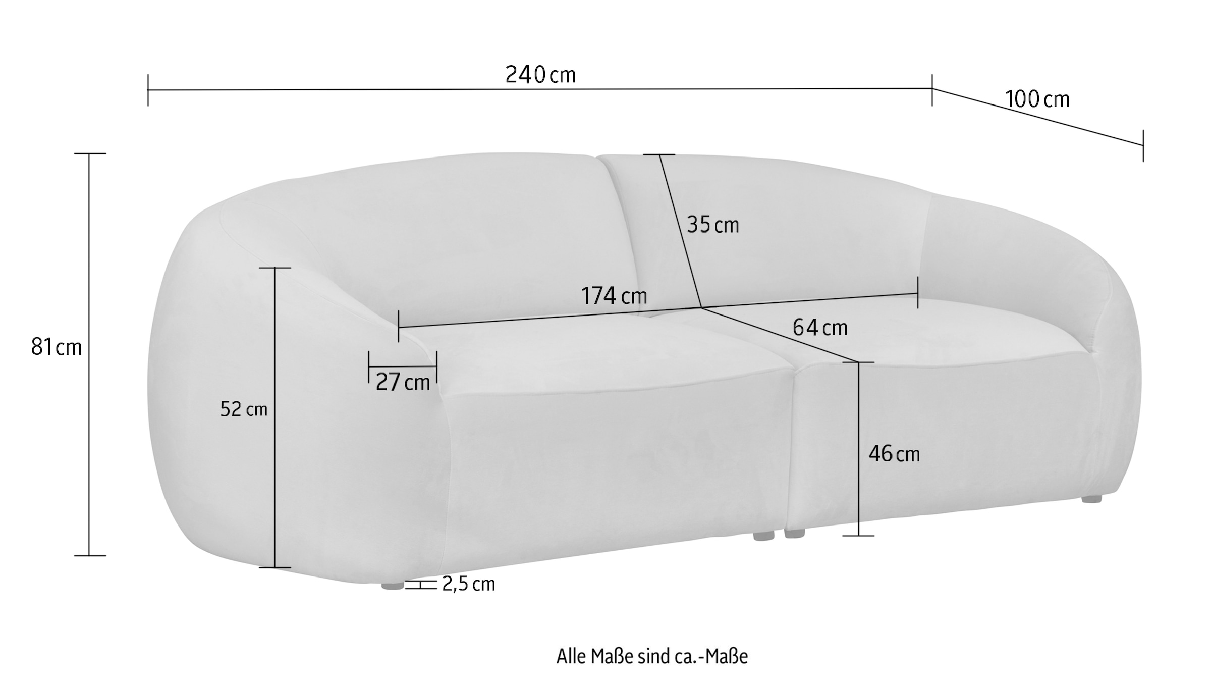 LeGer Home by Lena Gercke Big-Sofa »YANI, Designersofa, organische Form, Maße B/T/H: 240/64/81 cm«, mit Wellenunterfederung, auch in Bouclé, passend zur Serie