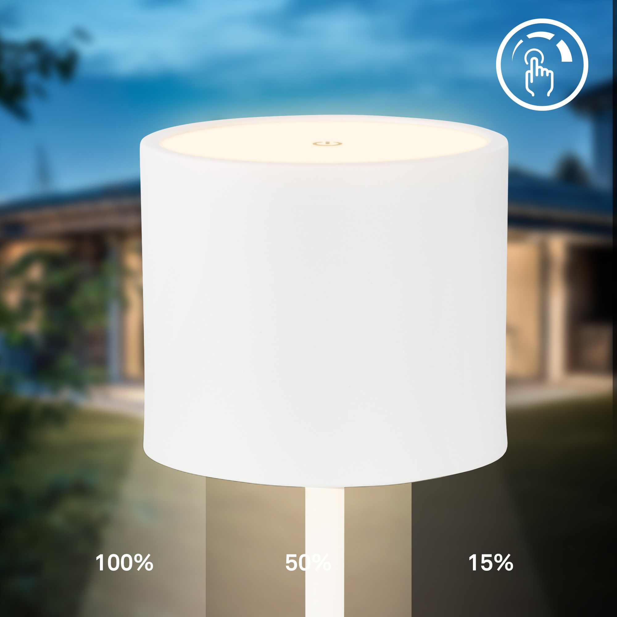 B.K.Licht Außen-Tischleuchte »BK_TL1607 Akku Tischlampe mit Ladestation, 3-Stufen Touchdimmer, IP44« LED-Modul 1 Stk. Extra-Warmweiß 3.000 K, 230 Lm, 2,5W, Akku wechselbar, max. 12h Leuchtdauer, Weiß