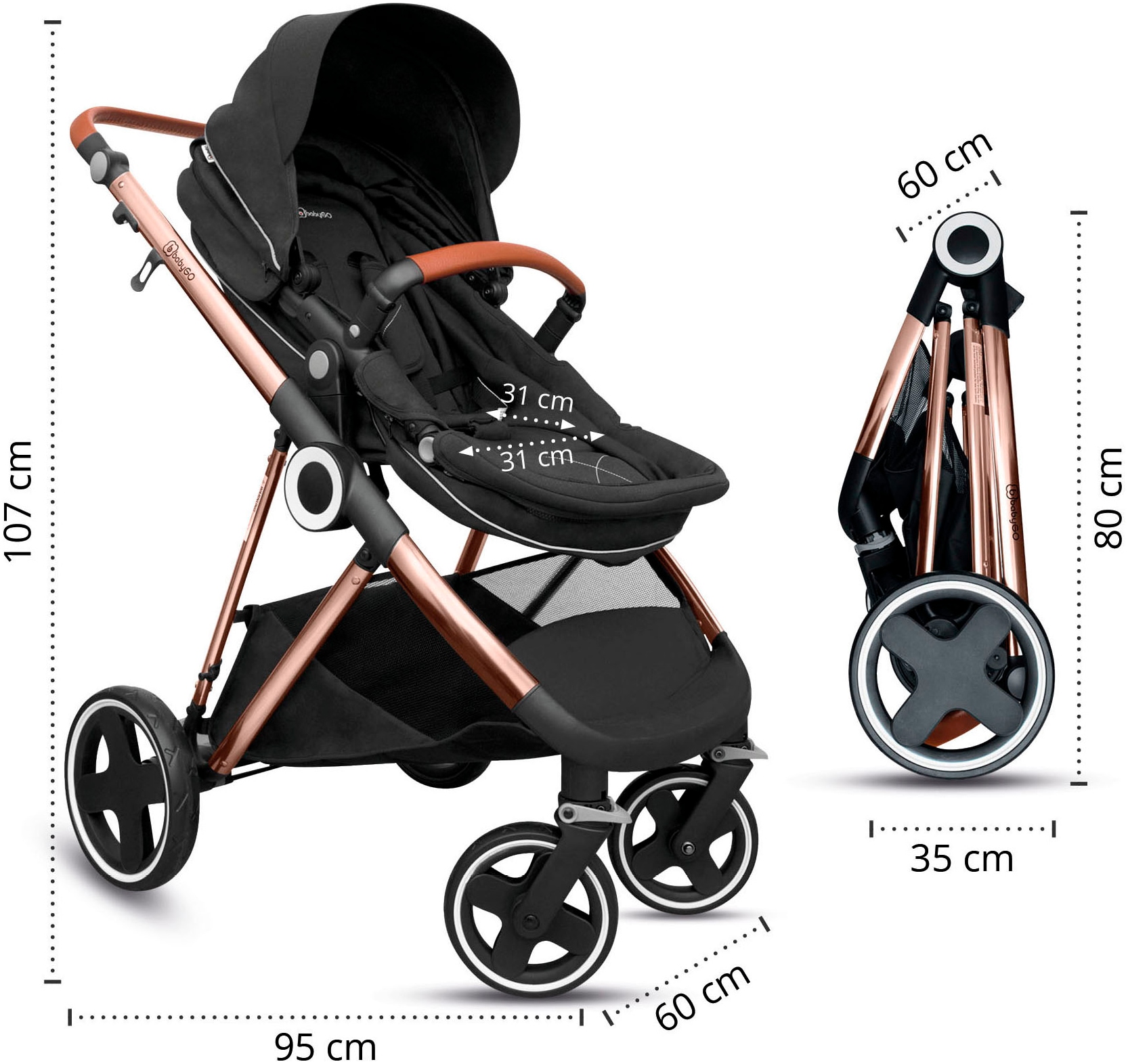 BabyGo Kombi-Kinderwagen »Halime 3in1«, inklusive Babywanne, Babyschale, Regenhaube & Wickeltasche