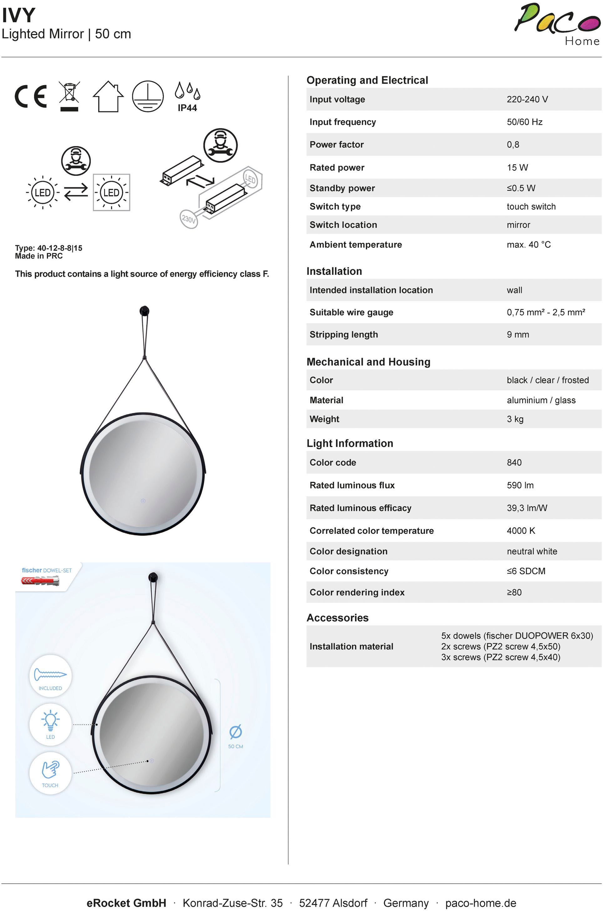 IP44 50cm Paco Rund online »IVY«, Wandleuchte LED Jahren 3 kaufen Kunstleder- Garantie | Touch Aufhängung Backlight Home XXL mit