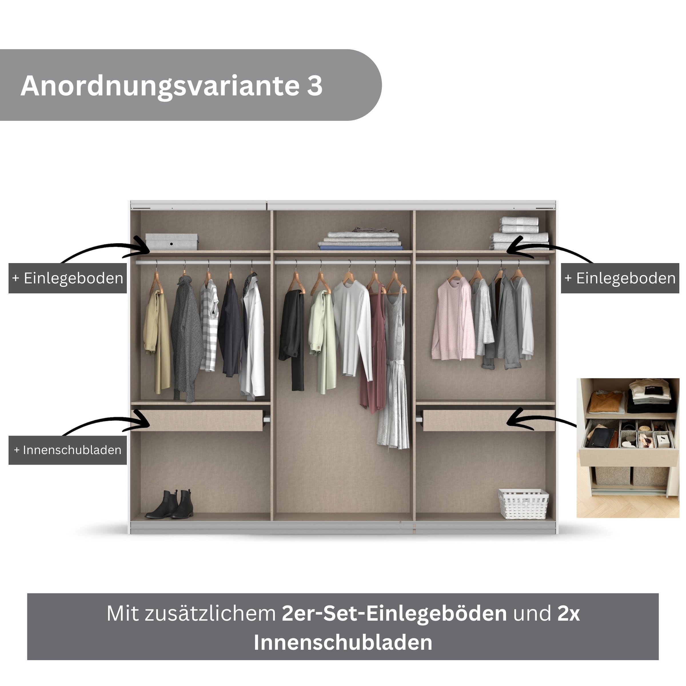 rauch Schwebetürenschrank »Kleiderschrank Schrank Garderobe KOLUNA mit Glastüren und Spiegel«, inkl. 2 Innenschubladen sowie extra Einlegeböden MADE IN GERMANY