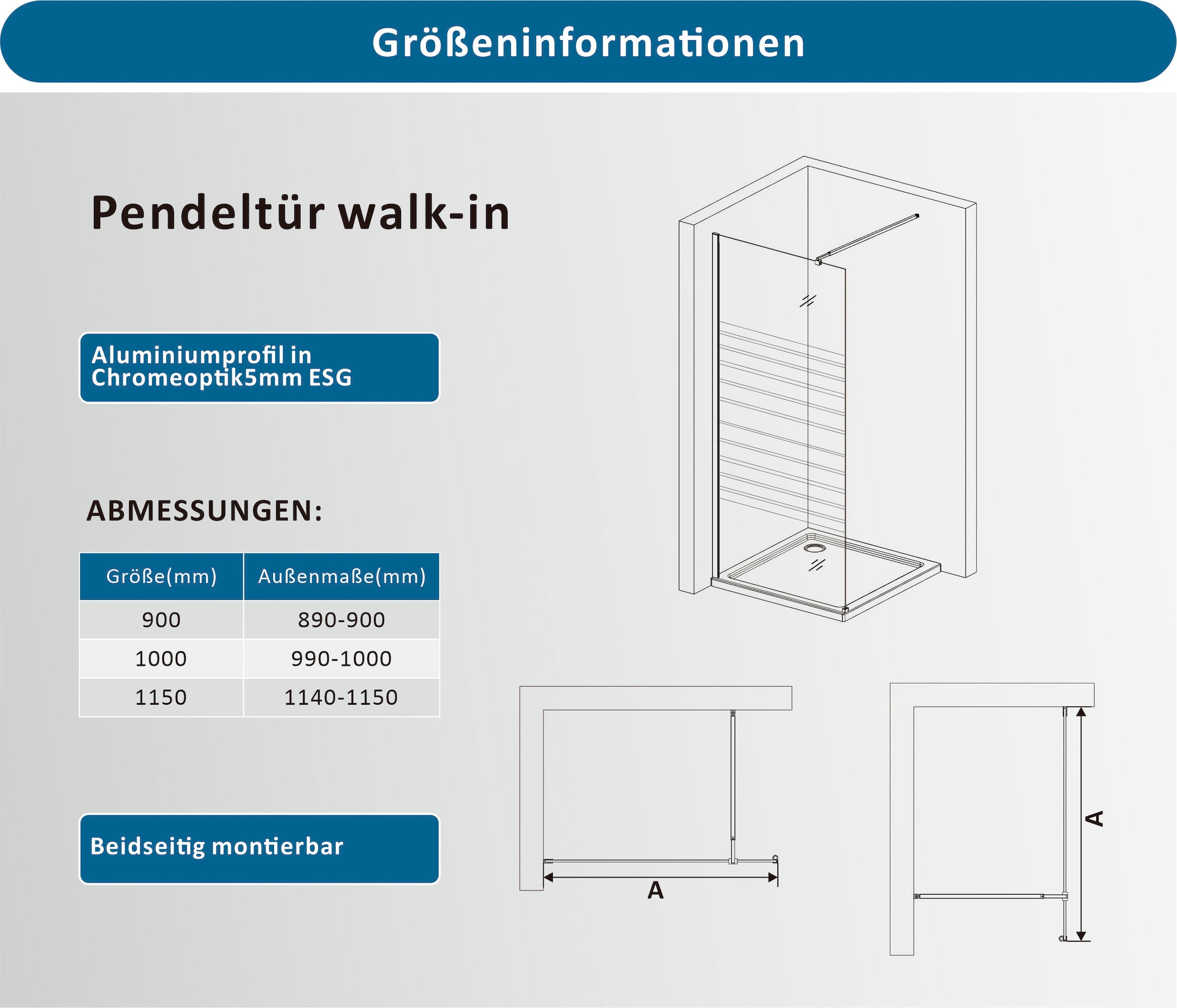 welltime Walk-in-Dusche »Nassau Single« 8mm Starke Scheibe mit Streifendekor