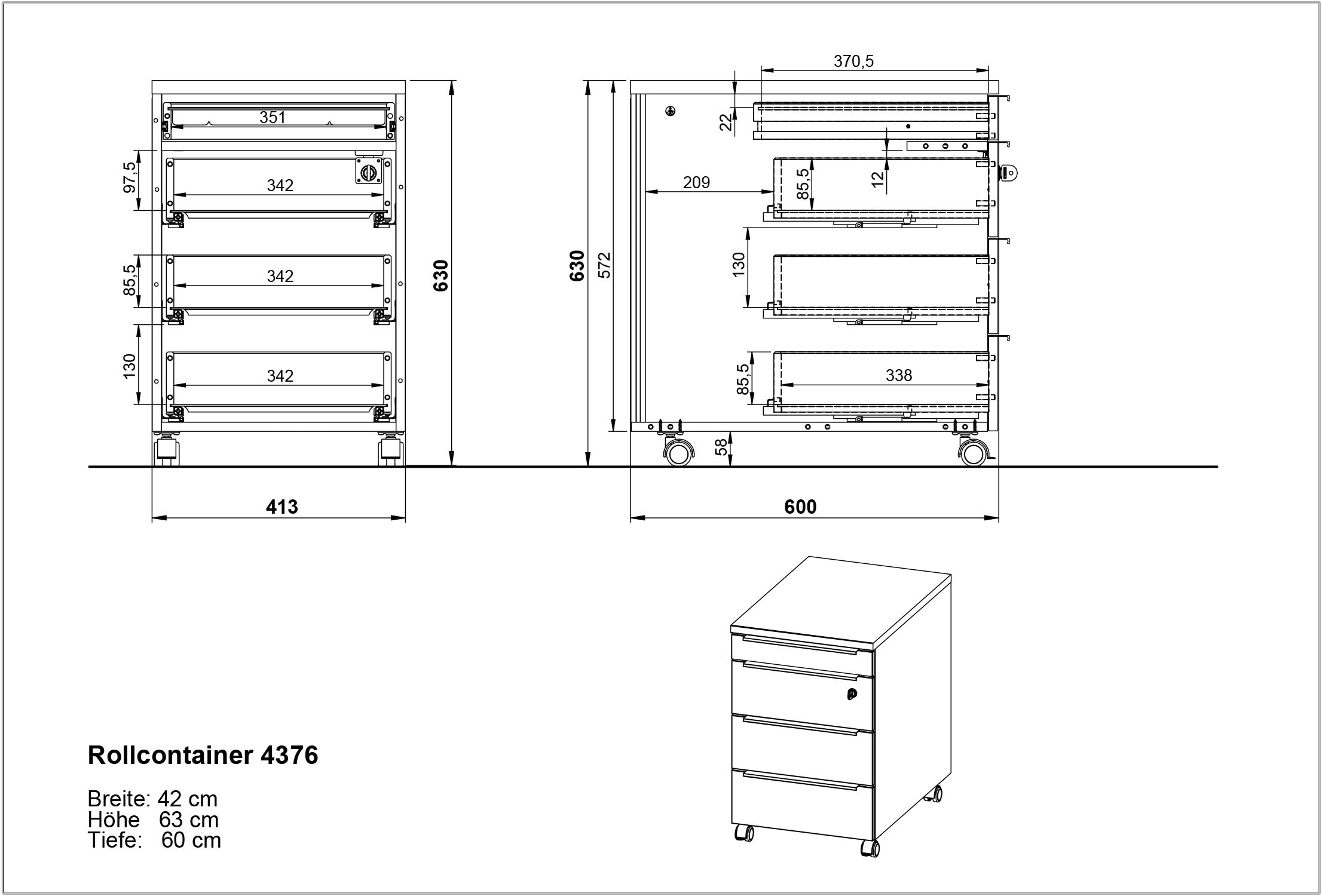 GERMANIA Rollcontainer »Mailand, mit 4 Schubladen, optional mit Schubladendämpfung,«, Utensilienfach, 42x63 cm, Made in Germany