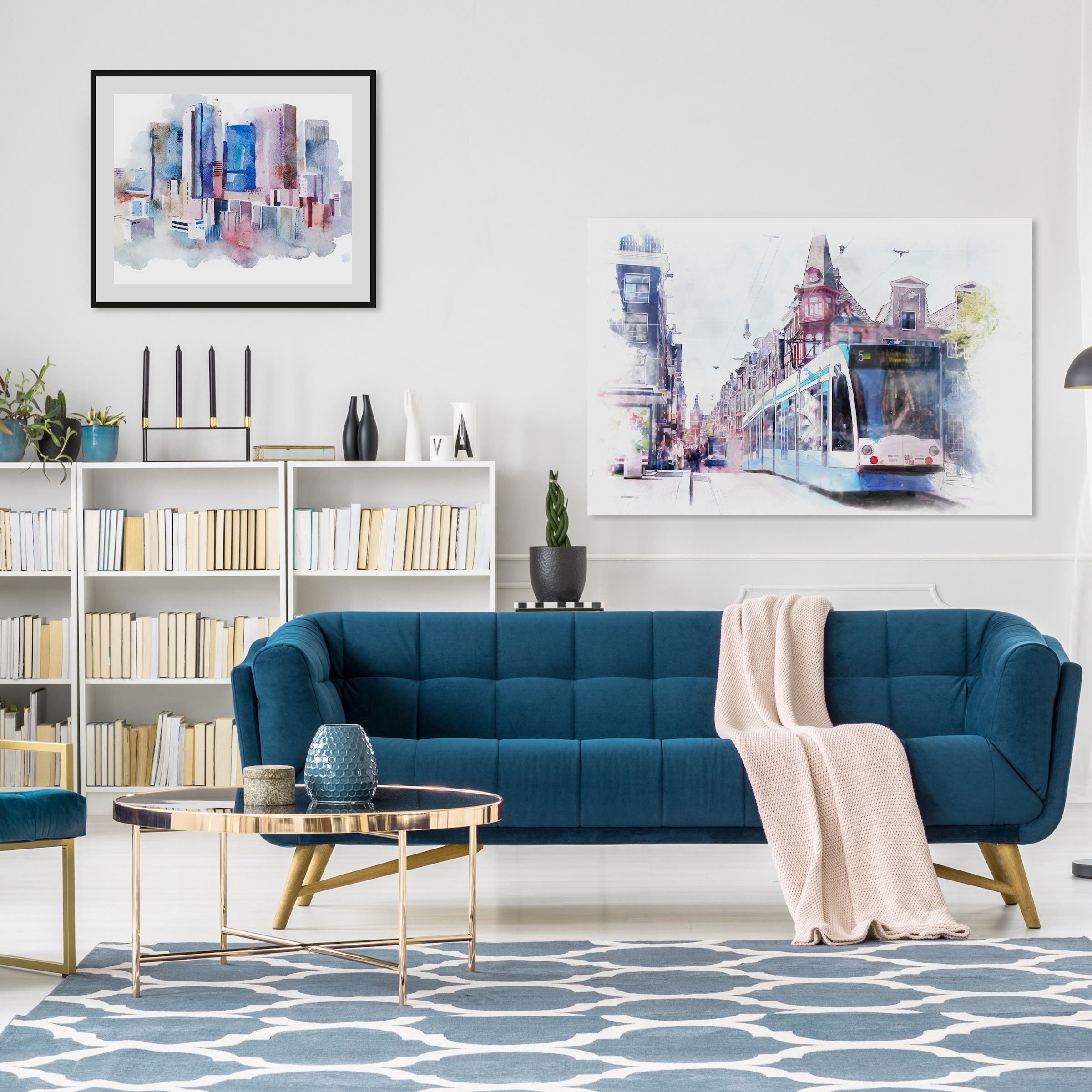 queence Bild »Stadt in Aquarellfarben« Gebäude | Himmel | Kunst | Stadt | Städte HD Premium Poster-Druck inkl. Holzrahmen