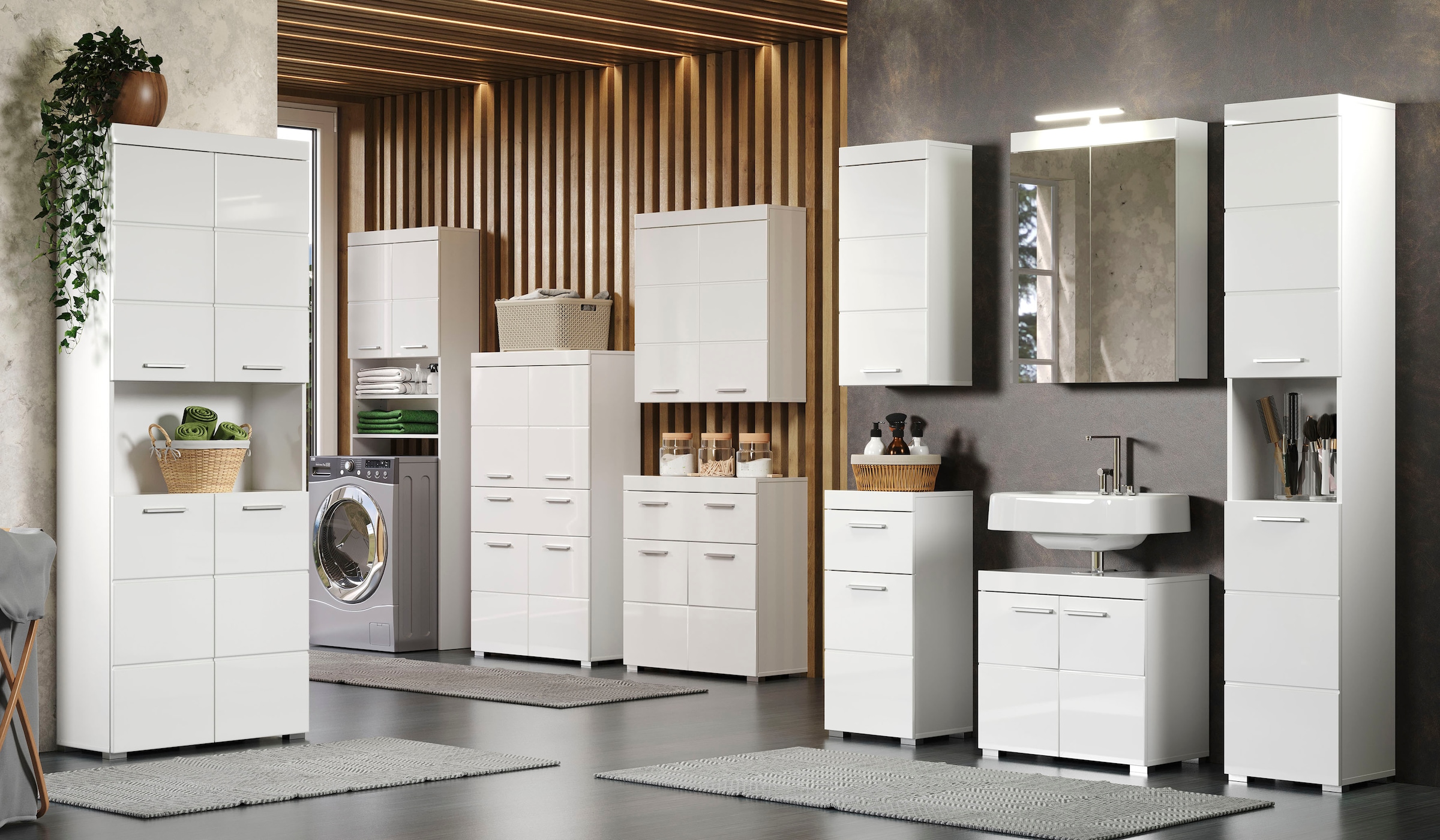 welltime Badmöbel-Set »Avena«, (Set, 5 St.), Hochschrank, WBU, Spiegelschrank, Kommode, Hängeschrank u. Beleuchtung