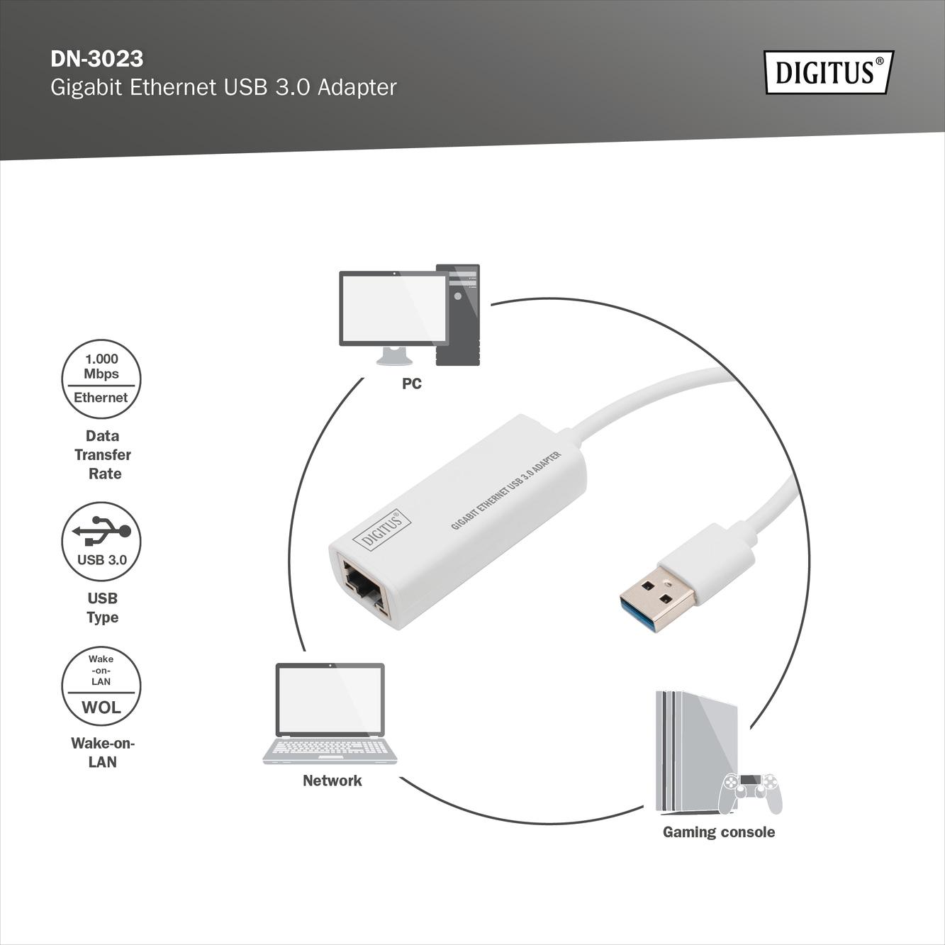 Digitus Netzwerk-Adapter »Gigabit Ethernet USB-3.0-Adapter«, 15 cm