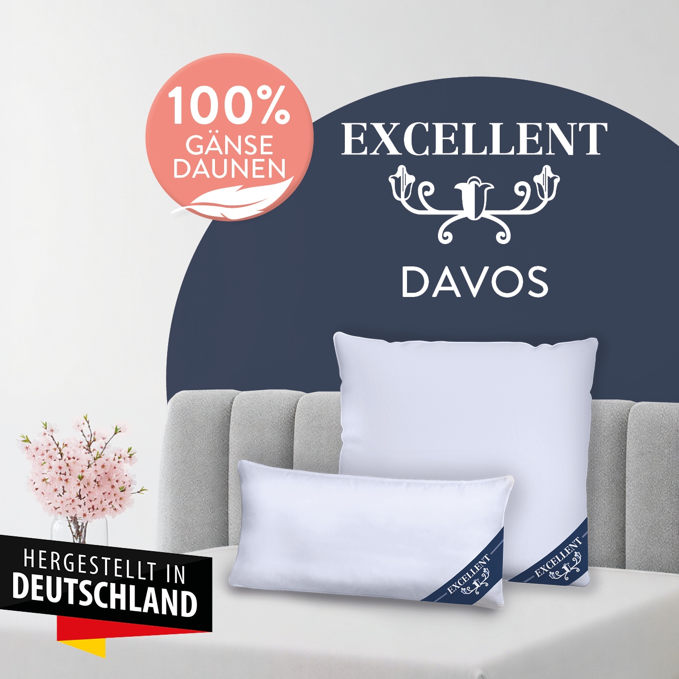 Excellent 3-Kammer-Kopfkissen "Davos" 1 Stk. tlg. mit 100% Gänsedaunen in den Außenkammern gefüllt