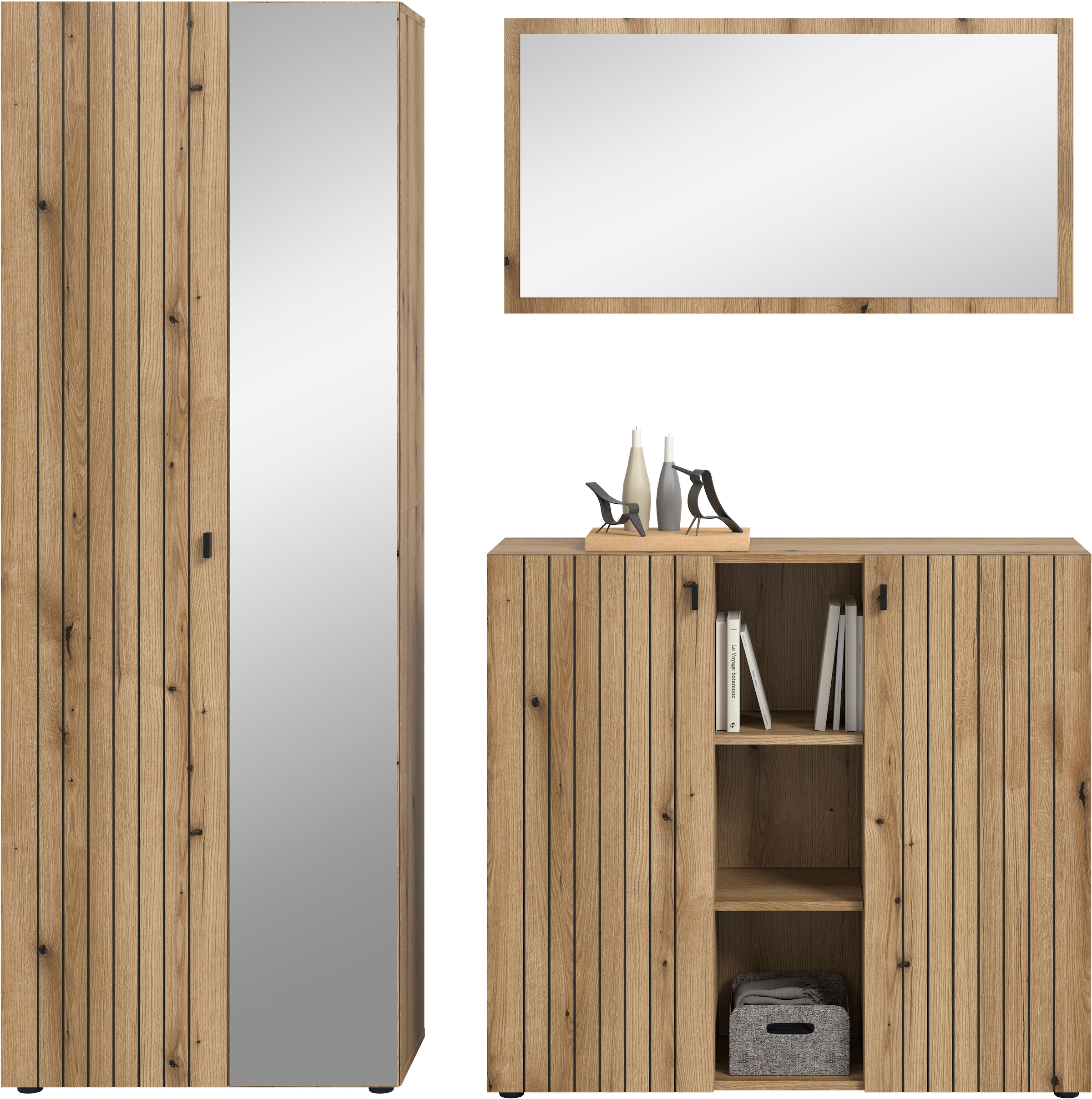 INOSIGN Garderoben-Set »TATIO, 3-tlg. Garderobenkombination, Breite: 191 cm, Rillenfräsung« Set, Set, best. aus: 1 Spiegel, 1 Garderobenschrank, 1 Schuhkommode, 3 Stk. tlg.