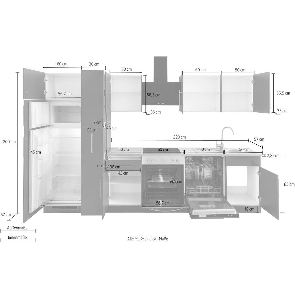 wiho Küchen Küchenzeile »Cali«, mit E-Geräten und Kühl-Gefrierkombination, Breite 310 cm