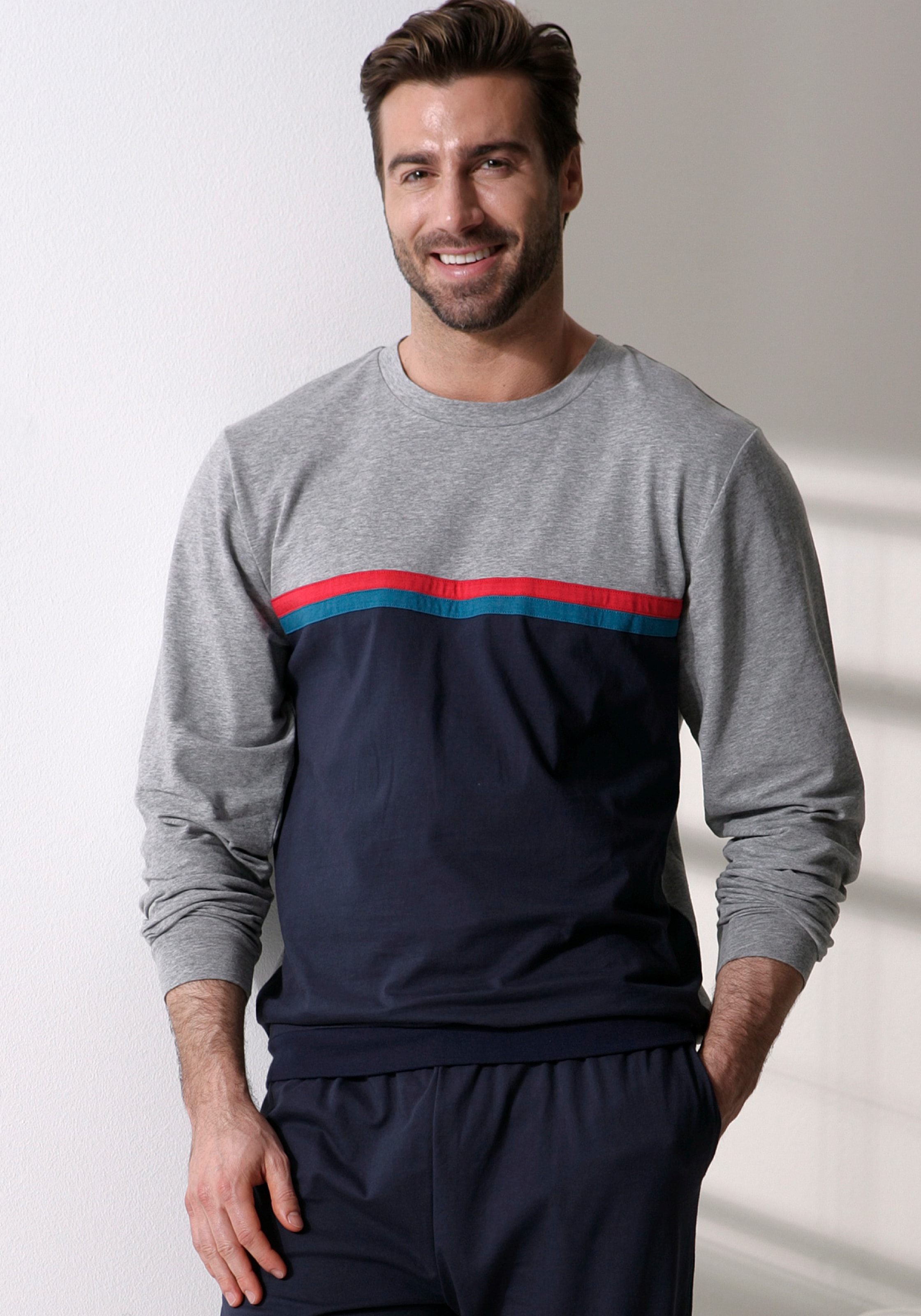 le jogger® Pyjama 1 Stück, 2 tlg. Schlafanzug in langer Form mit kontrastfarbenen Streifen