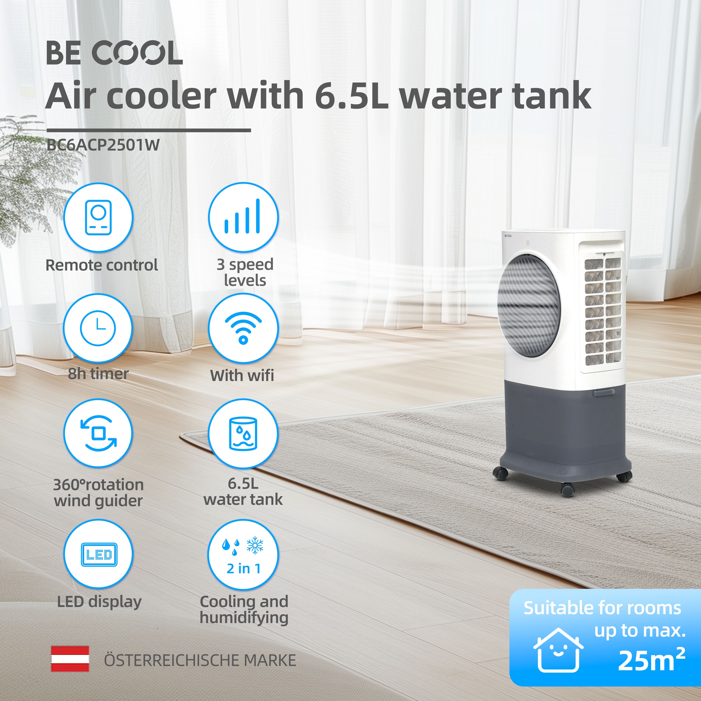 be cool Ventilatorkombigerät »Premium Luftkühler mit mit Wifi und 6,5l Wassertank«, abnehmbarer Wassertank, von oben befüllbar, WiFi