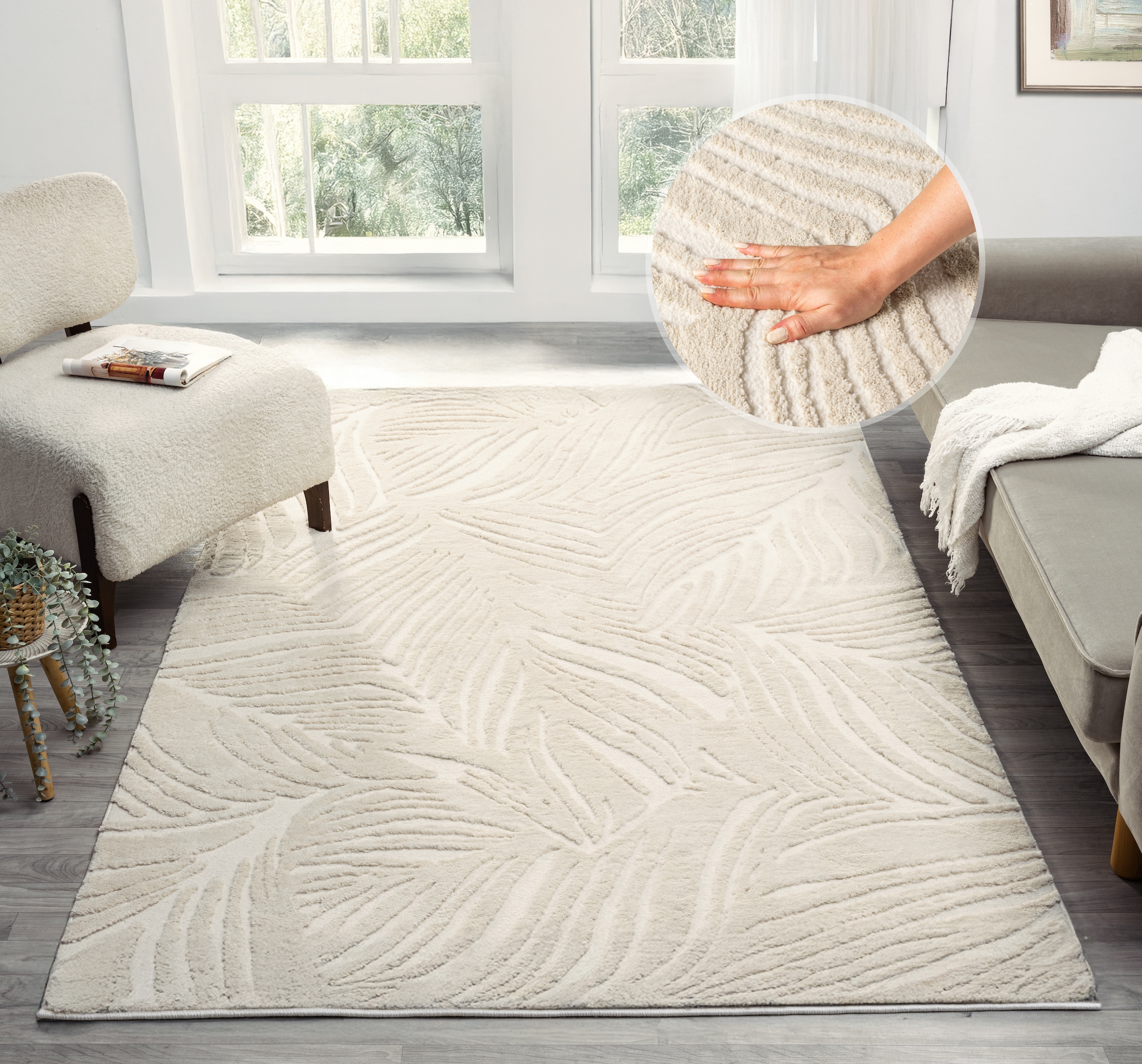 OTTO home Teppich »Samia, Hoch-Tief-Struktur« rechteckig 19 mm Höhe leichter Glanz, Floral, Blätter, Modern, Wohnzimmer, Schlafzimmer