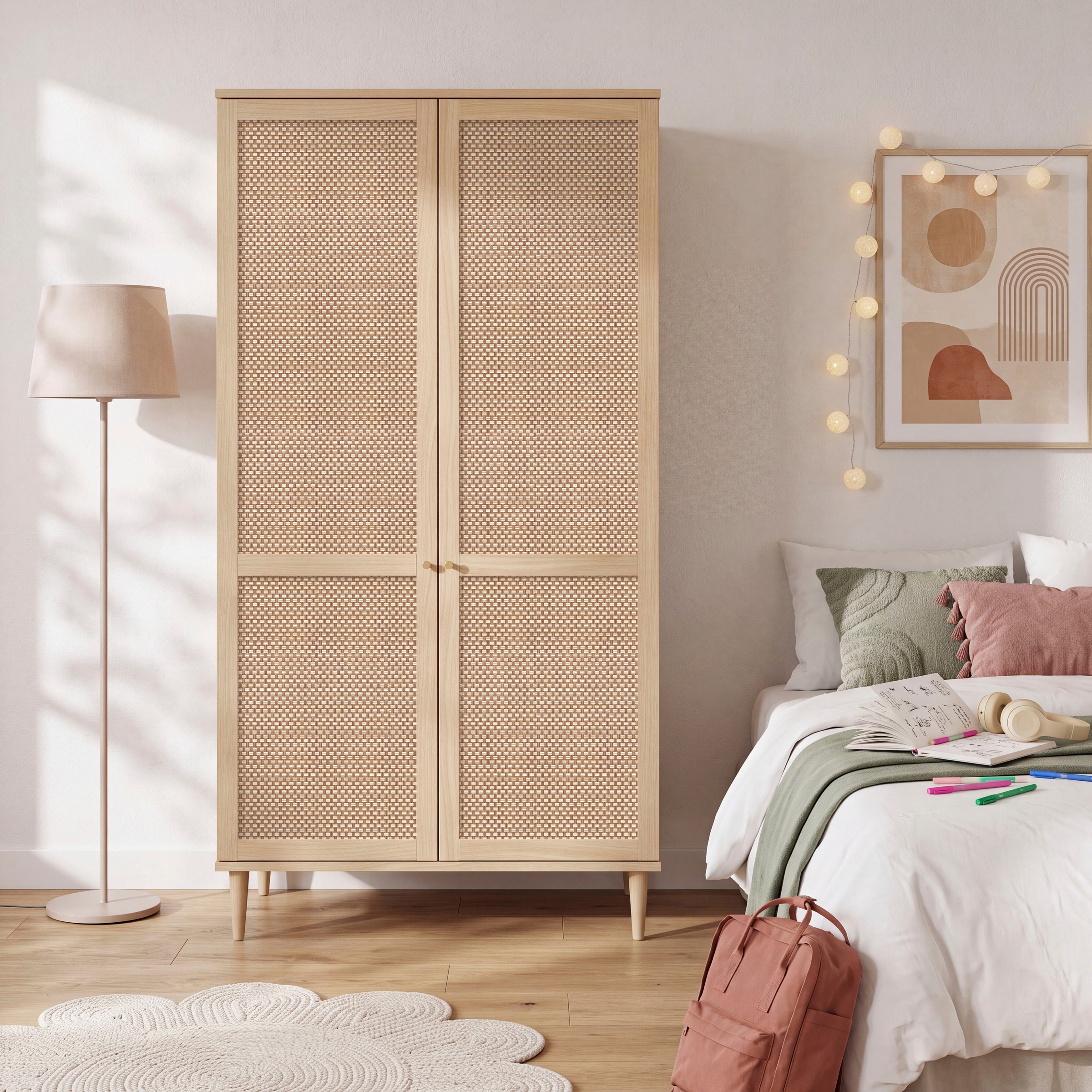 OTTO home Kleiderschrank »ELLIAN mit natürlicher Geflechtoptik und warmem Holzdekor« Holzfüße, Metallgriffe, Made in EU, viel Stauraum, FSC® zertifiziert
