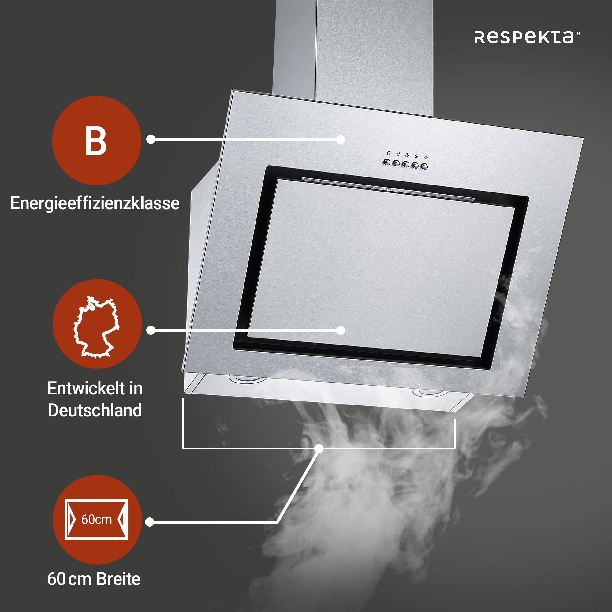 RESPEKTA Kopffreihaube »CH 22020 IXB«, Serie Numa, 60 cm, 3 Leistungsstufen, LED-Beleuchtung, Ab- und Umluftfähig