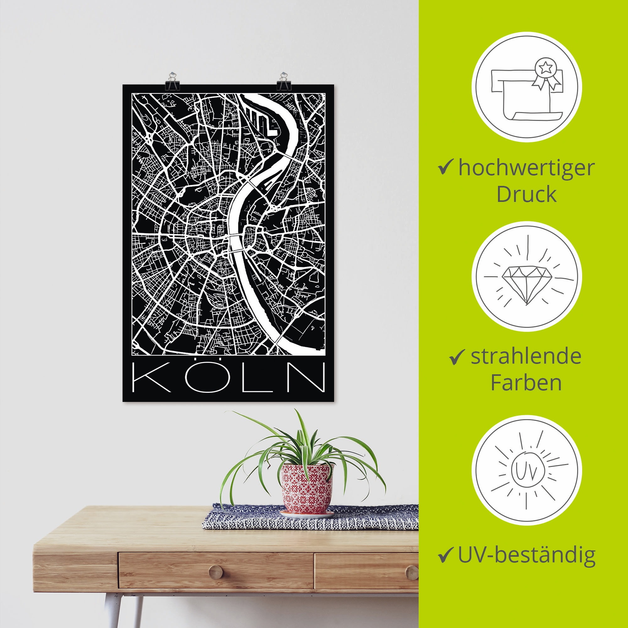 Artland Wandbild »Retro Karte Köln Deutschland Schwarz«, Deutschland, (1 St.), als Poster, Wandaufkleber in verschied. Größen