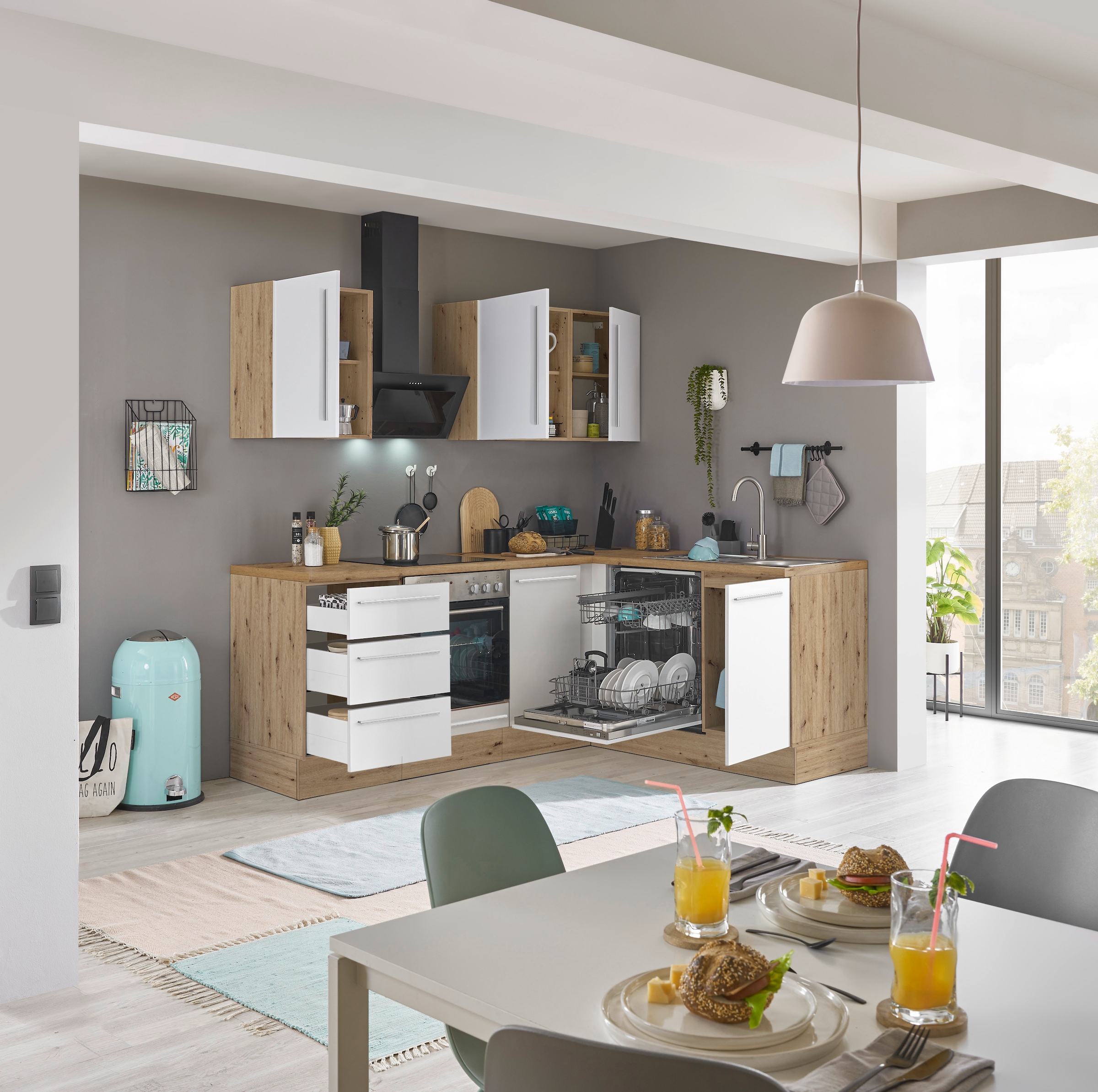 KOCHSTATION Winkelküche »Florida, Stellbreite 220x175 cm« wahlweise mit E-Geräten, mit Softclose für Türen und Schubkästen