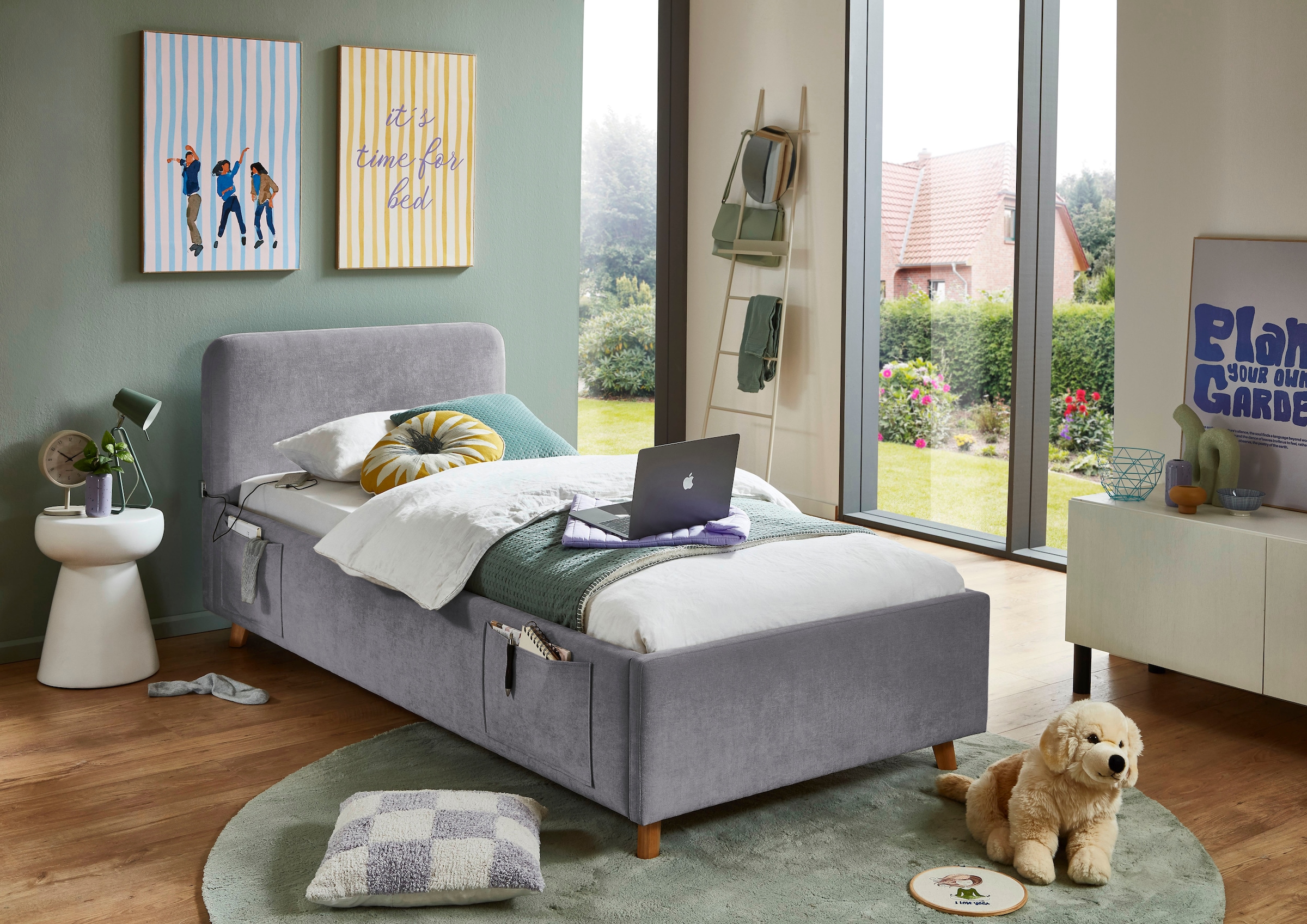 meise.möbel Kinderbett »COSY in de Breiten 90, 120 & 140 erhältlich, wahlweise mit Bettkasten« wahlweise mit Holzfuß in schwarz oder eiche, inkl. USB-Anschluss