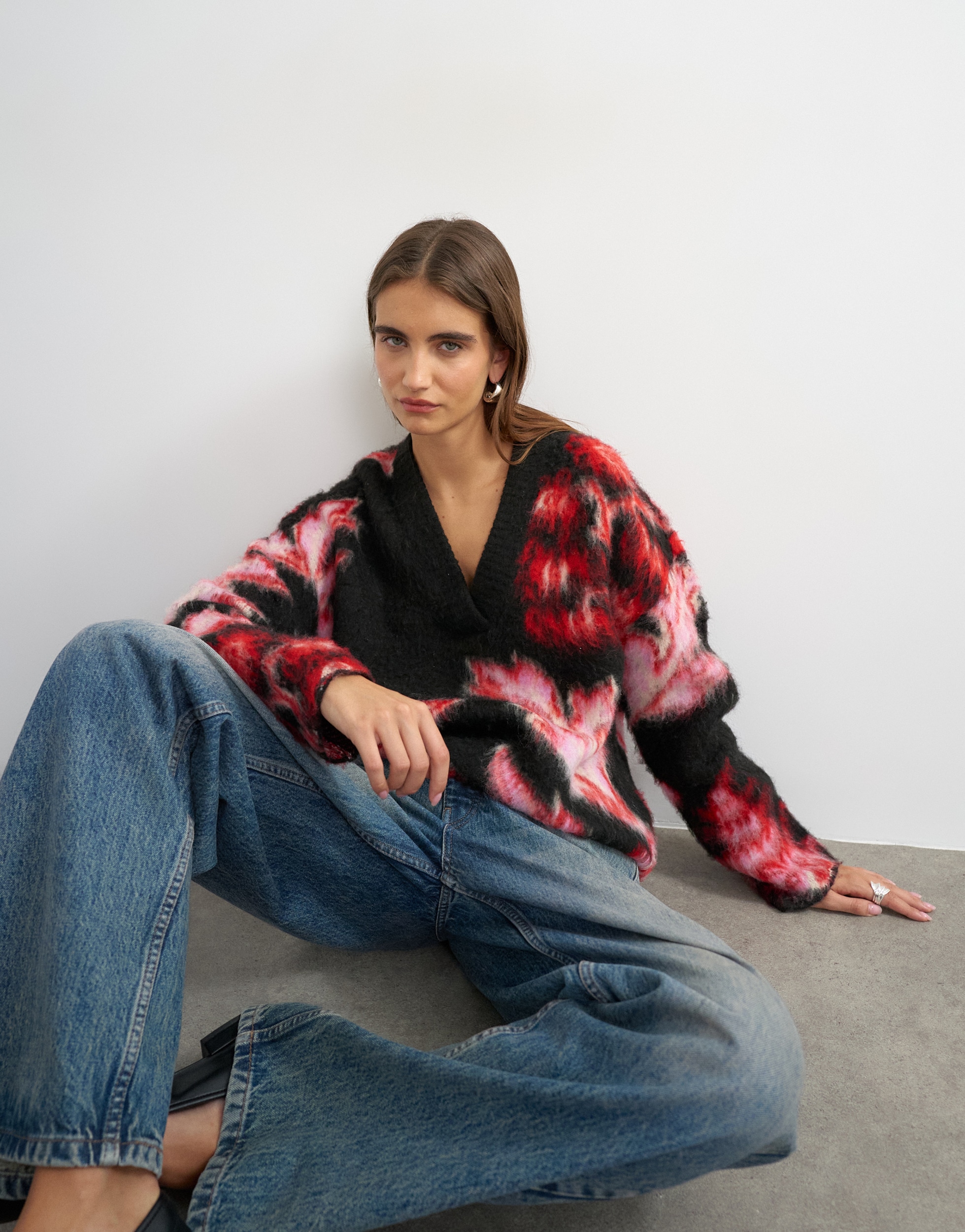 TOPSHOP V-Ausschnitt-Pullover »TSDIJA BRUSHED FLOWER JUMPER KNIT« Materialmix, bedruckt