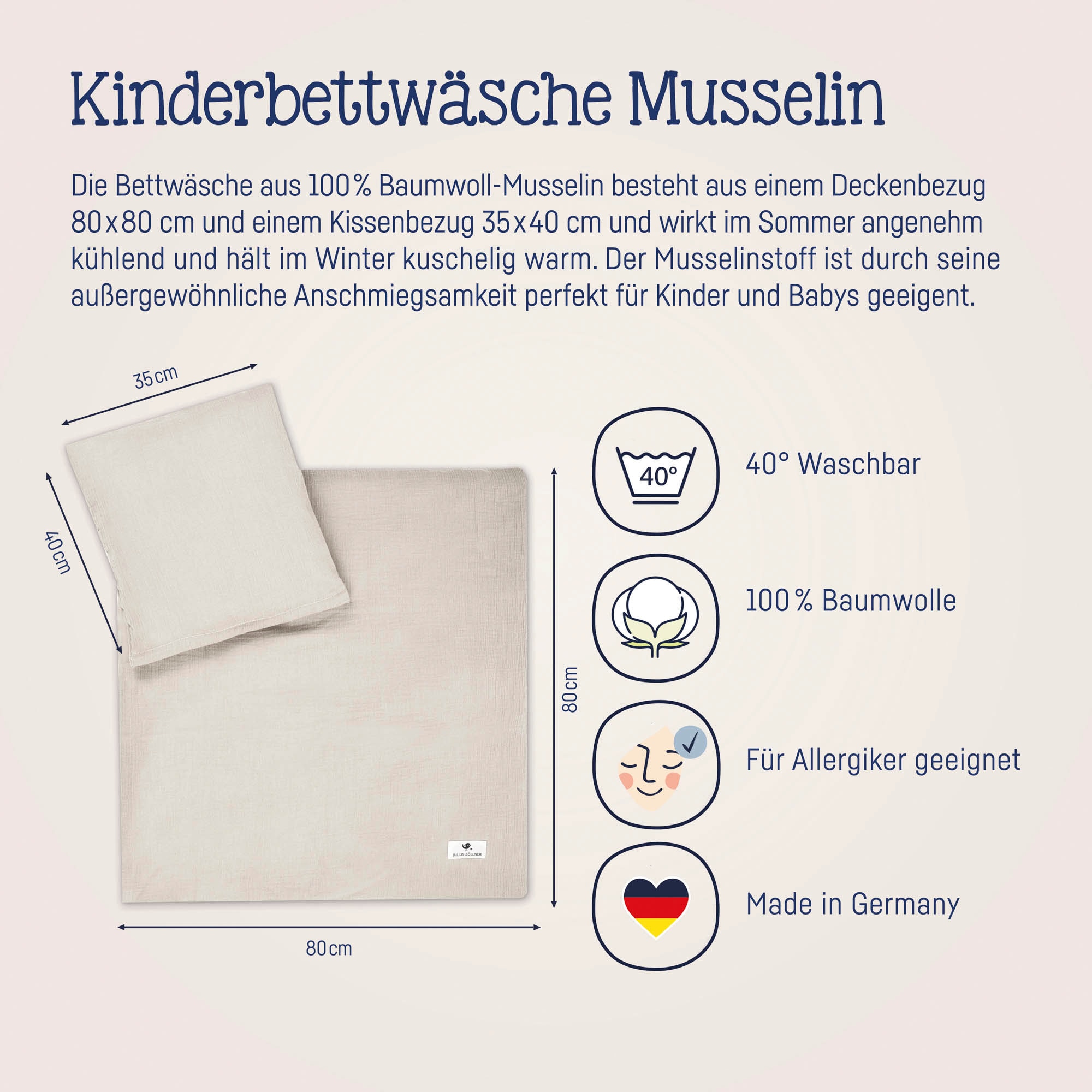 Julius Zöllner Kinderbettwäsche »Baby- und Kinderbettwäsche aus 100% Musselin«, erhältlich in den Größen 80x80+35x40cm und 100x135+40x60cm