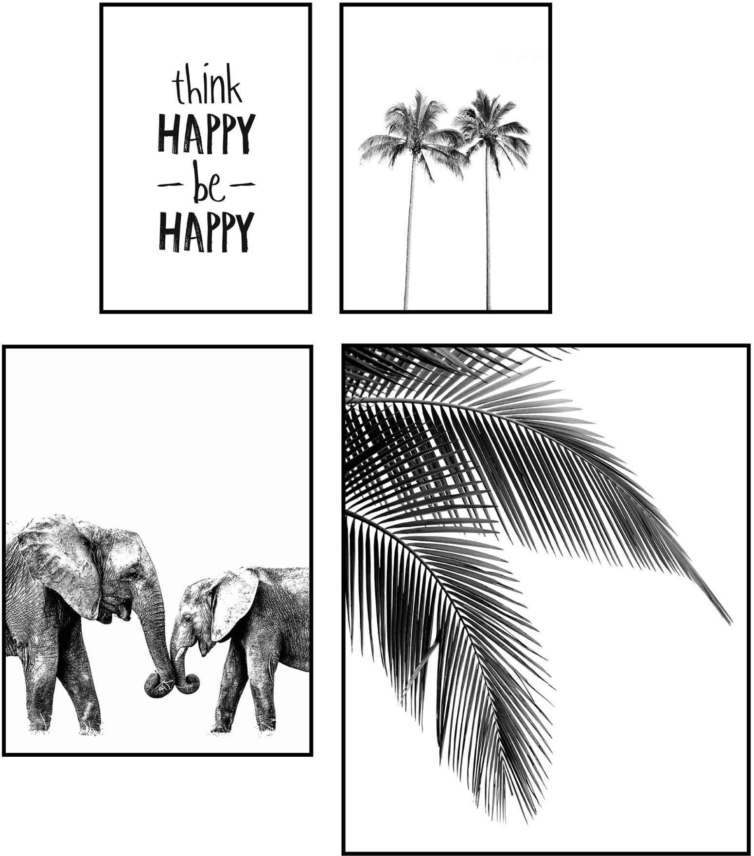 Reinders! Wandbild »Wandbilder Modern kaufen auf - Elefant Happy - (4 - St.) - Be Glück«, Schriftzug, Set Palm Raten Baum