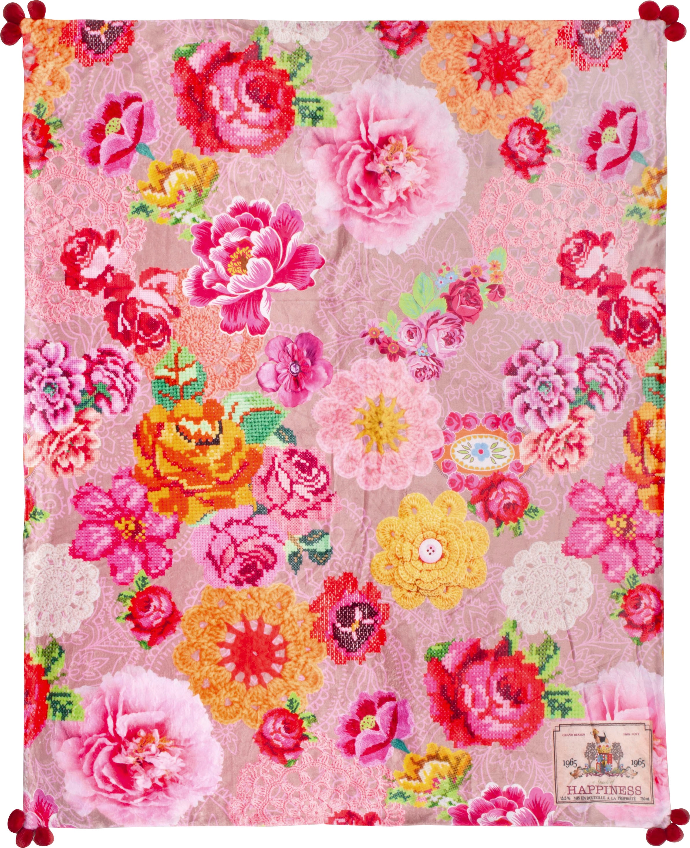 Happiness Plaid »Woodstock«, Weich, Kuscheldecke, 130x160 cm, Wendeoptik, Mit Pompoms, Blumen, Sand