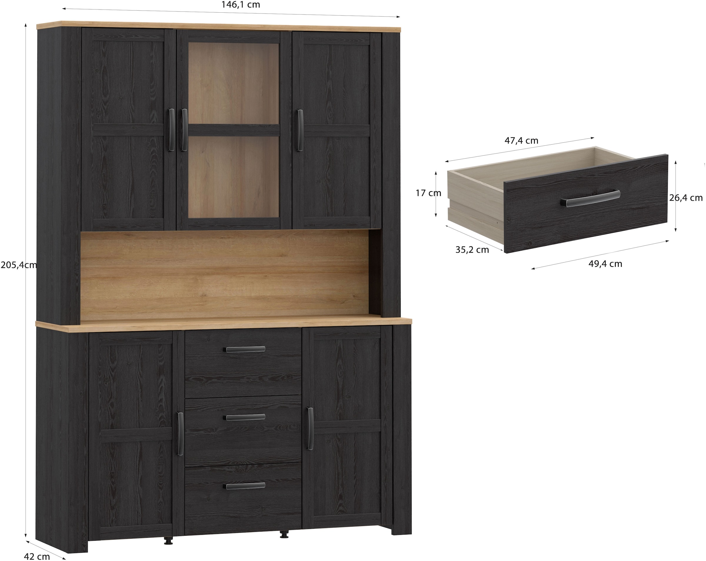FORTE Buffet »Bohol, großes Highboard,4Türen, 1 Glastüre, 3 Schubkästen« B/H/T 146,1/205,4/42 cm, sehr viel Stauraum