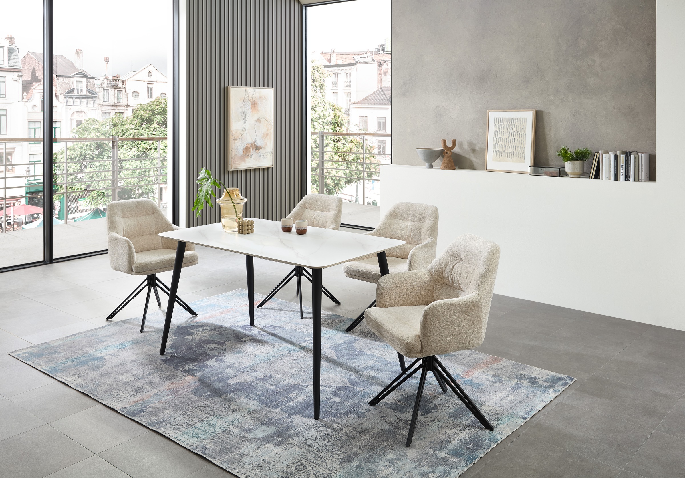 Stolkom Esstisch »Cody Esszimmertisch Keramik, Weiß marmoriert, BxHxT 140x76x80 cm«, Keramikoberfläche weiß marmoriert, 4-Fuß Gestell Schwarz matt