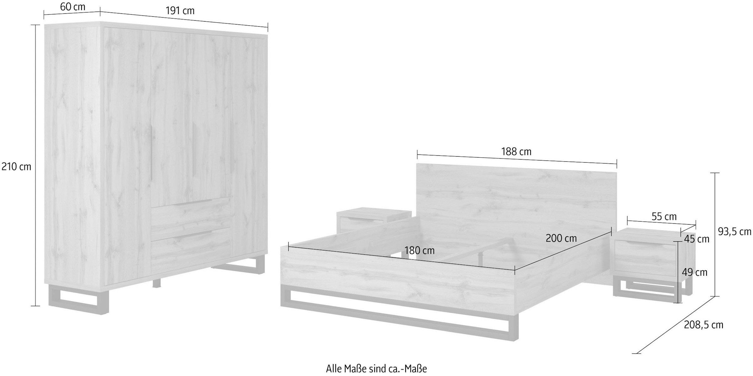 Home affaire Schlafzimmer-Set »Bronne,Komplettschlafzimmer (Set,4-St)« Schlafzimmer-Set, Schrank 191cm breit, 2xNachtische, Bett180/200cm