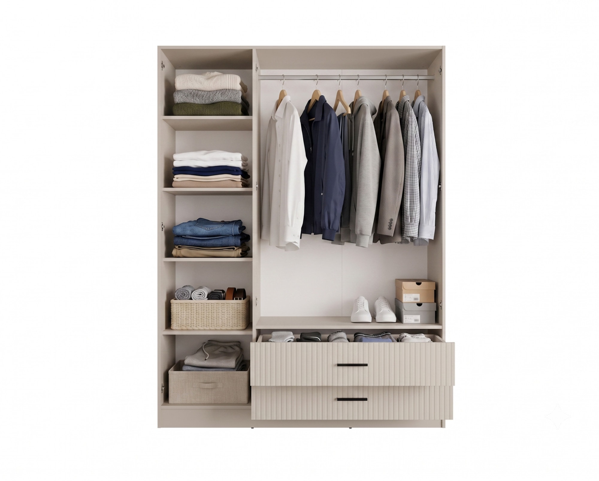 OTTO home Kleiderschrank »TERRIK,  modern mit viel Stauraum & geriffelter Struktur, Spiegel« B/H/T ca.  150/200/60 cm,  Garderobe mit 6 Fächern, Kleiderstange, 2 Schubladen, Made in EU