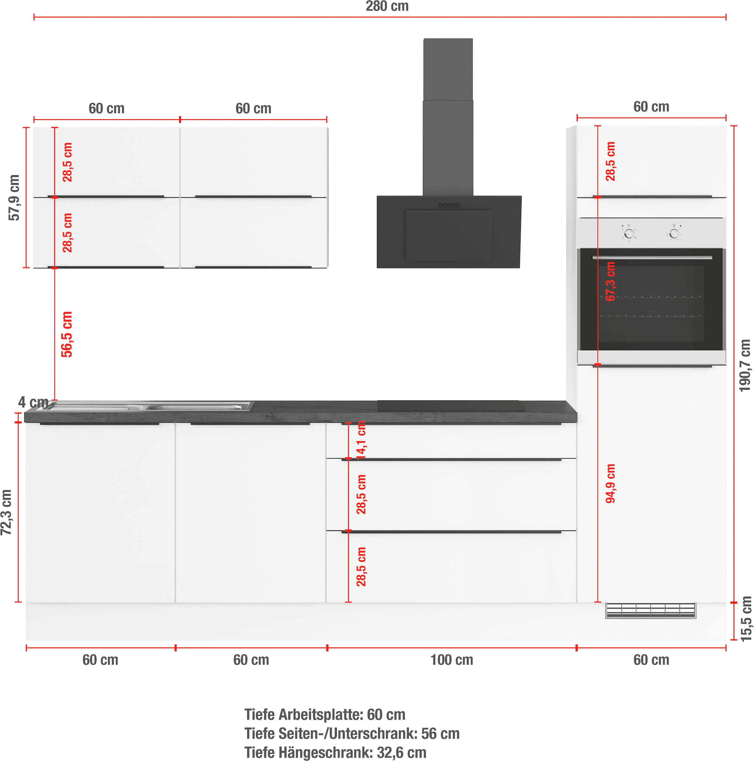 IMPULS KÜCHEN Küchenzeile »"Toledo", Ausrichtung wählbar, Schubkästen mit Soft-Close,« vormontiert, wahlweise mit E-Geräten, Breite 280 cm