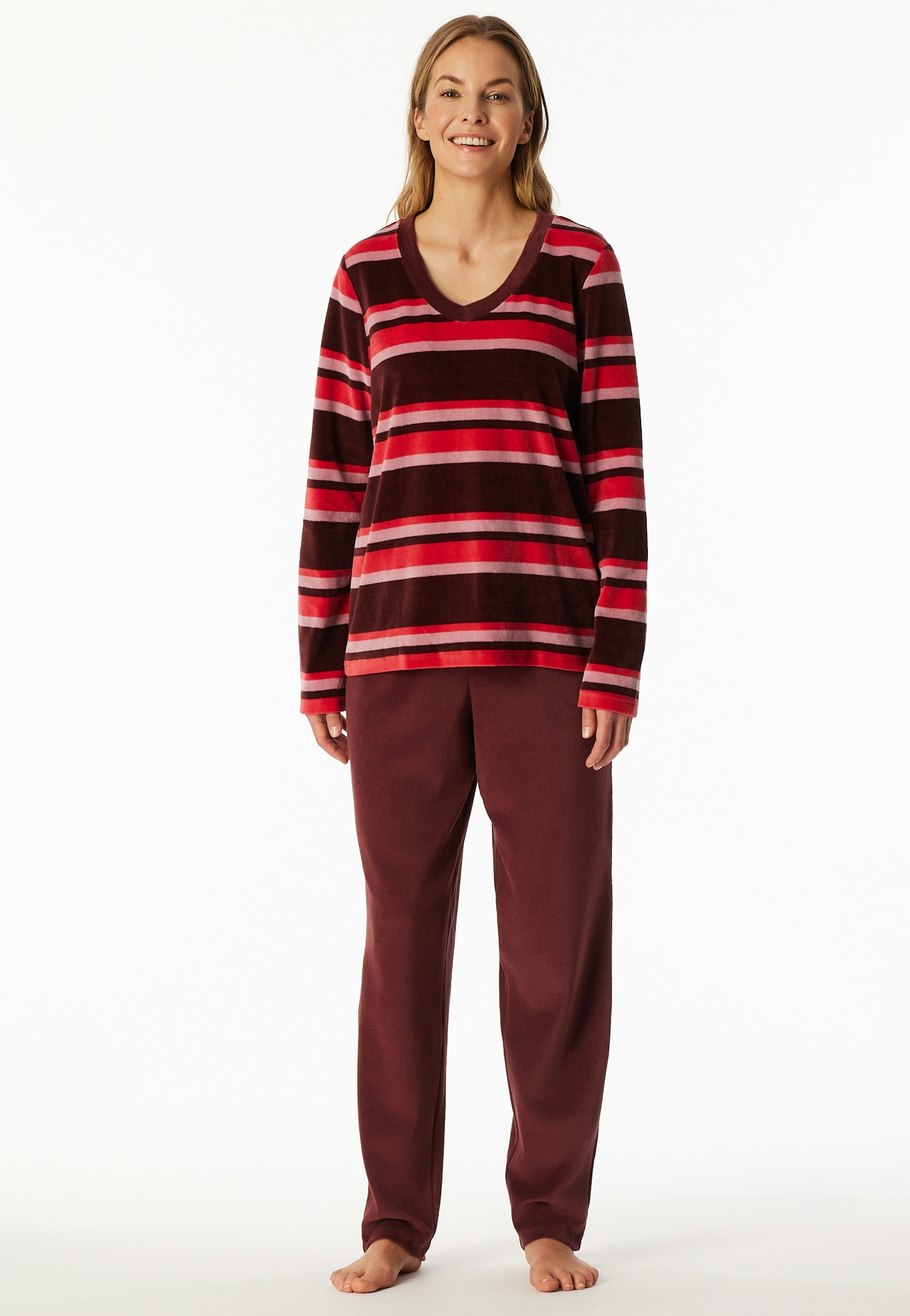 Schiesser Schlafanzug »Comfort Nightwear« 2 tlg. Baumwollmischung, V-Ausschnitt, langärmelig, Velour-Qualität