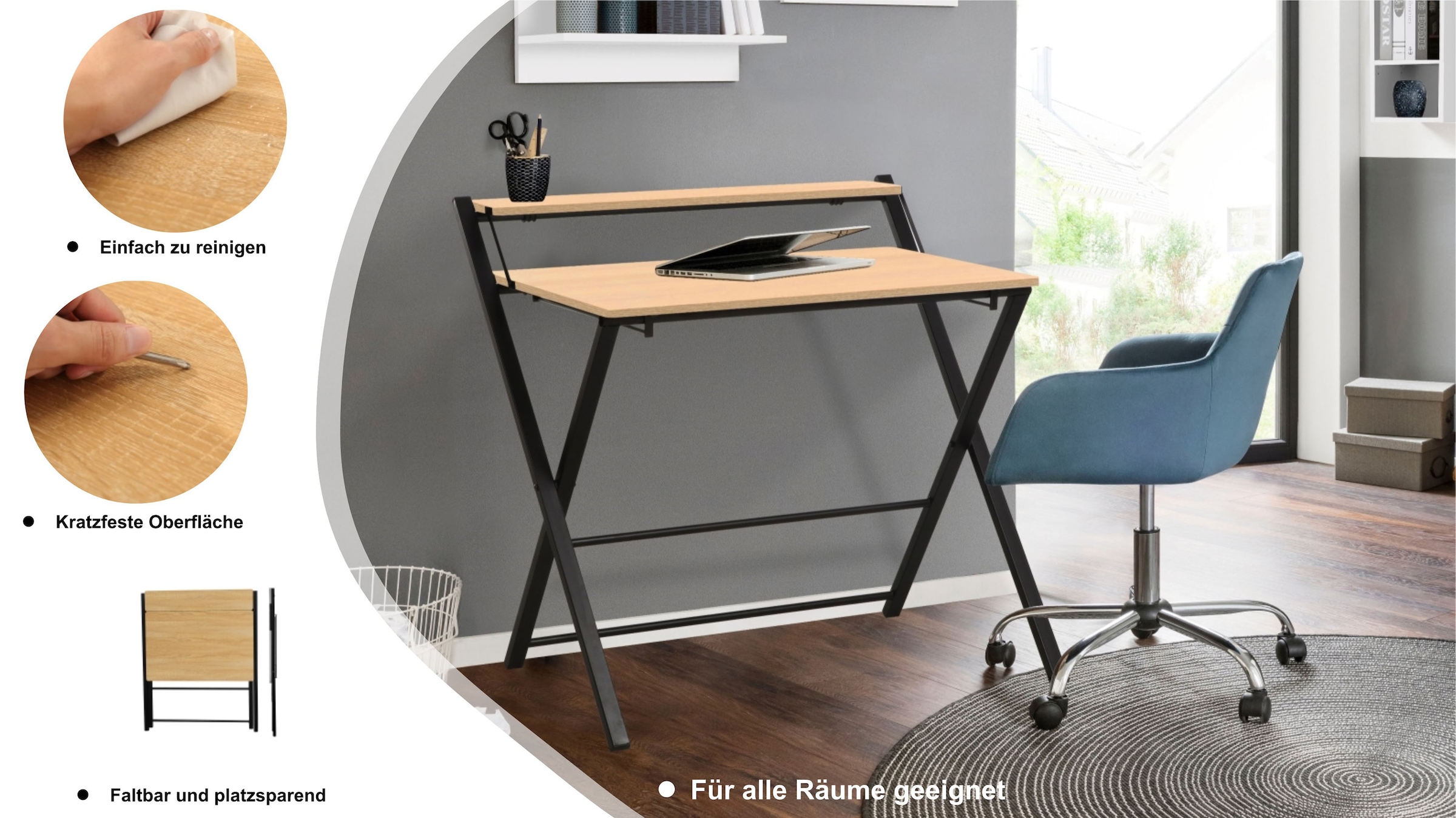 INOSIGN Computertisch »SULBY, Laptoptisch, Schreibtisch, mit Ablage,«, Metallgestell, zusammenklappbar, platzsparend, max. 86,5x82,5 cm