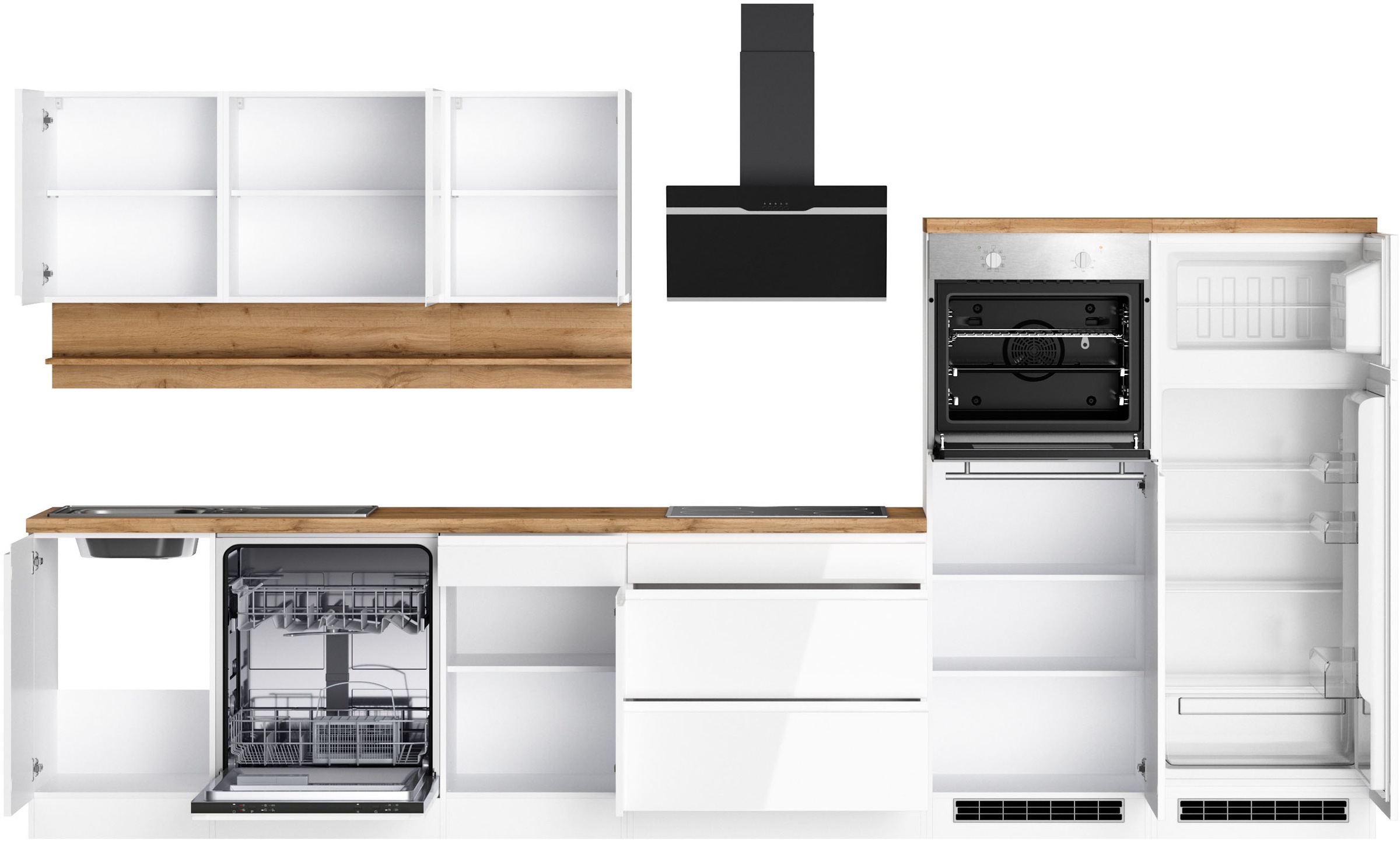 KOCHSTATION Küchenzeile »KS-Virginia,neu in verbesserter Ausführung« Arbeitsplatte 38 mm stark, Stauraum, Softclose,  Breite 360 cm, Softclose, wahlweise mit E-Geräten und Induktion