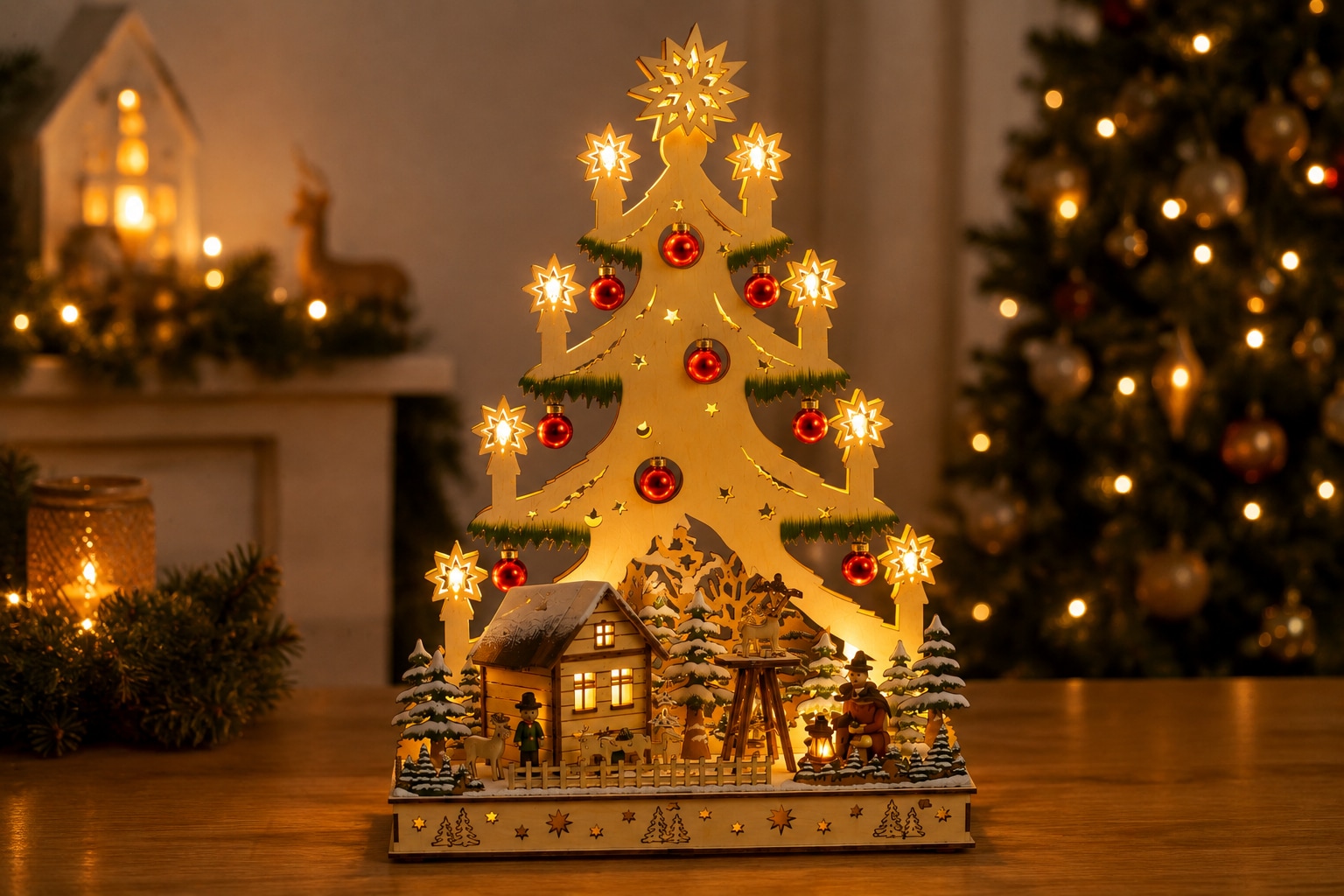OTTO home Weihnachtsszene »Fensterdeko Baum mit Dorf« LED-Lichtbaum, Zeitschaltuhr, mit roten echten Glaskugeln verziert