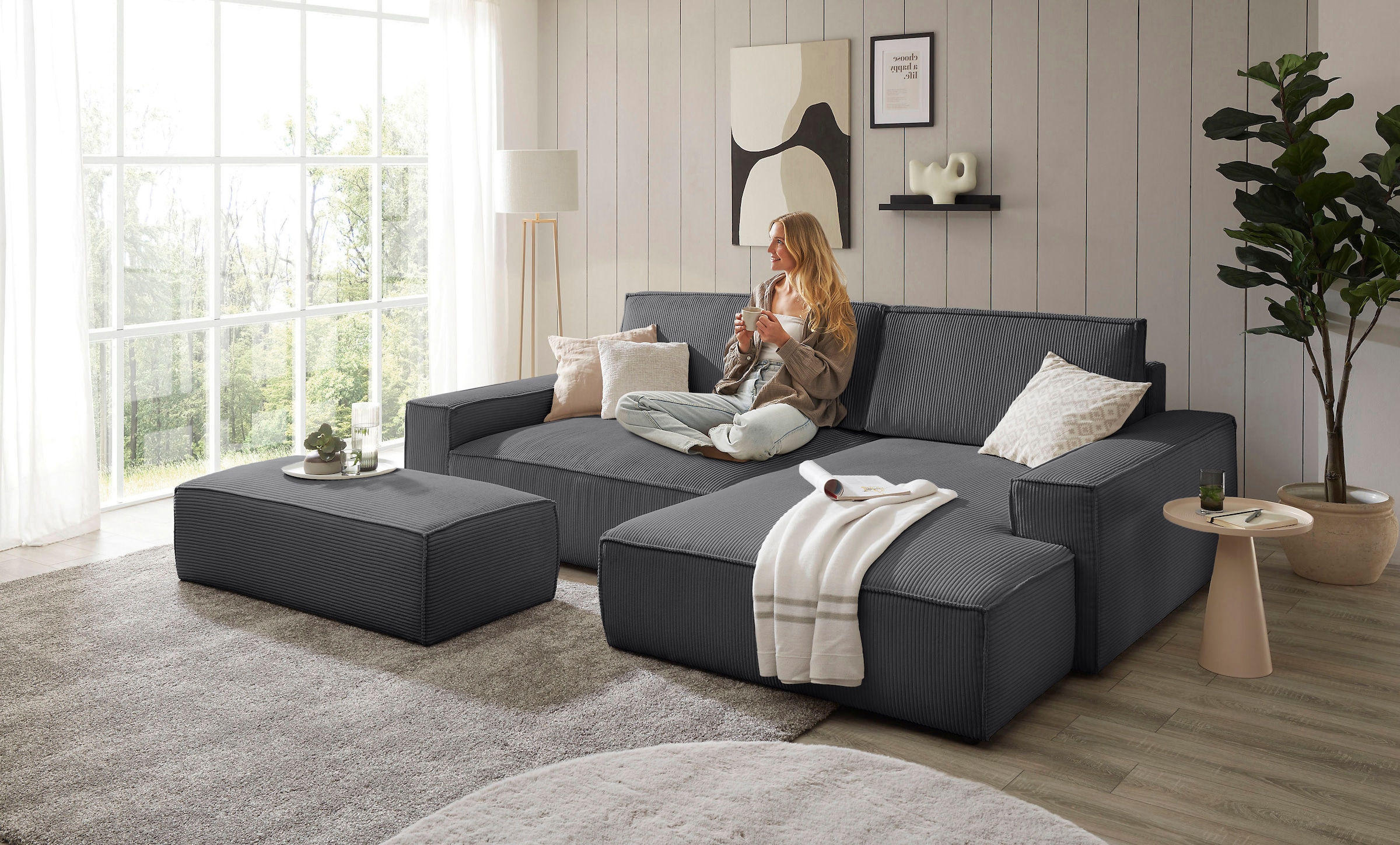 Home affaire Polsterecke »NEU: SHERWOOD XXL tief, L-Form mit Schlaffunktion, Big-Sofa mit Hocker« stellbar zum Schlafsofa (Krokodilverbinder), Cord, Leinenoptik,