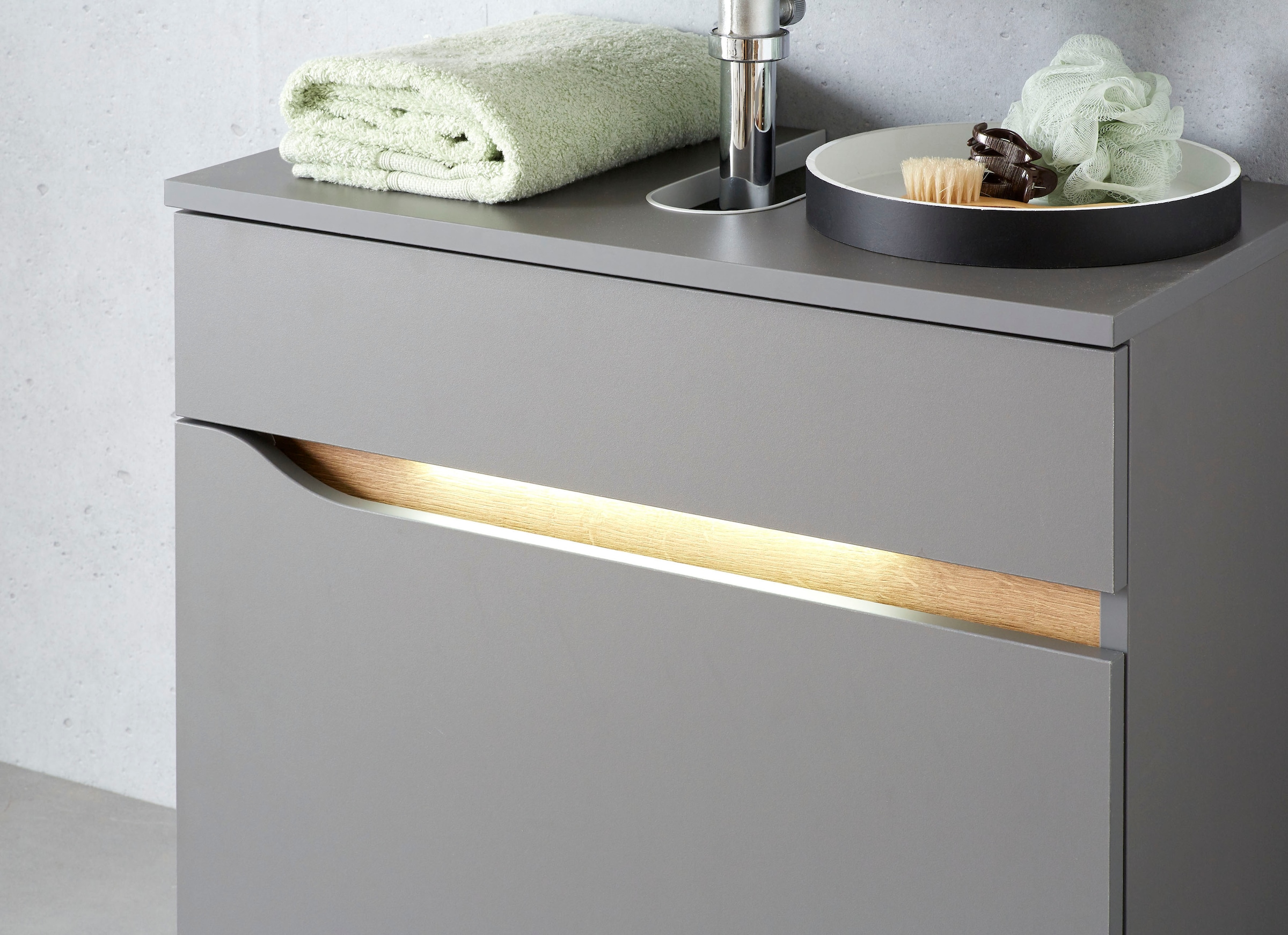 Saphir Waschbeckenunterschrank »Quickset Unterbeckenschrank, 60 cm breit, 1 Schublade«, Waschbeckenschrank mit Siphonausschnitt, ohne Waschbecken, grifflos