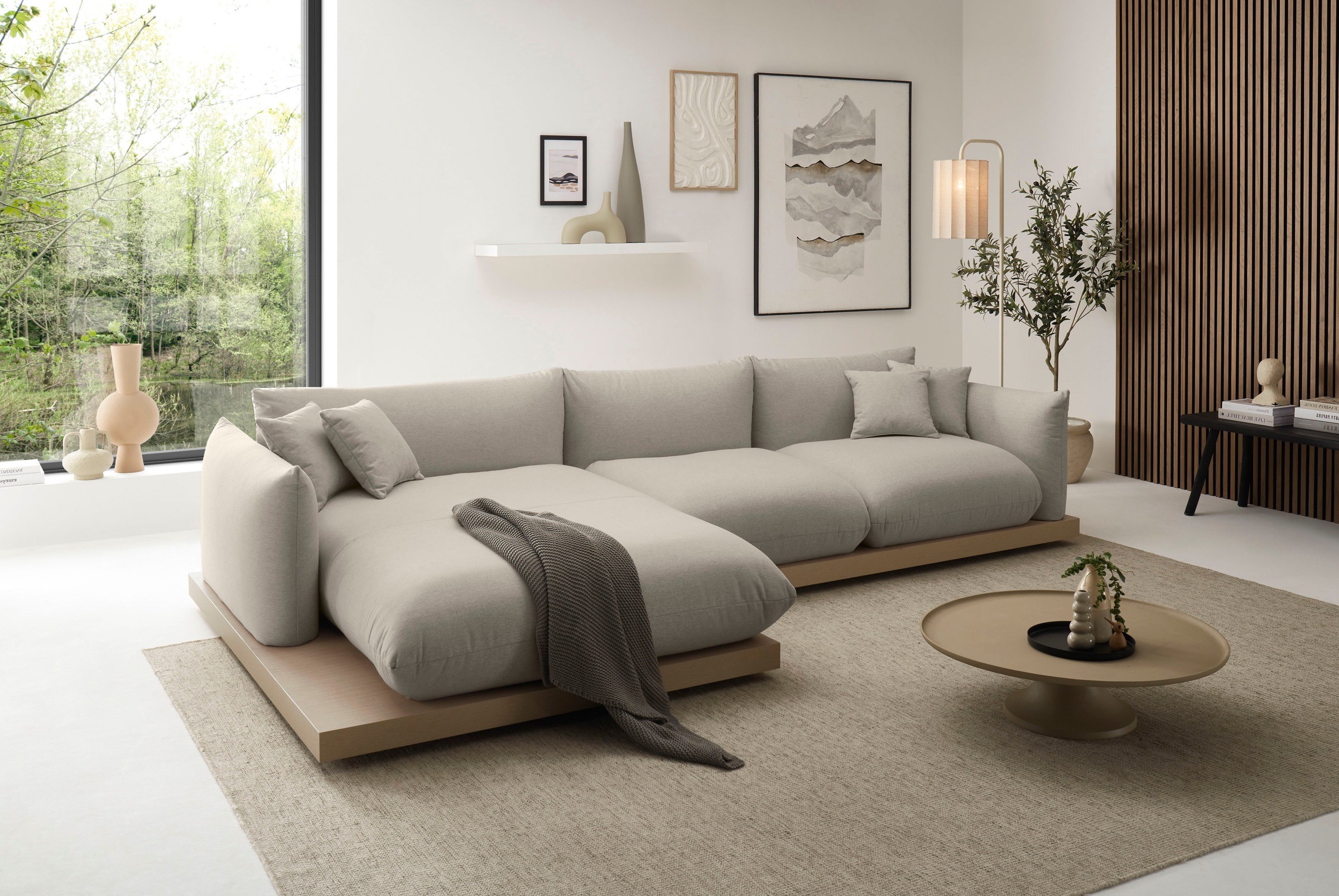 OTTO home Ecksofa »Kalix, Polsterecke mit kräftigem Holz-Plateau, moderne Couch in L-Form«, wahlweise Recamiere links o. rechts, Strukturstoff, hoher Sitzkomfort