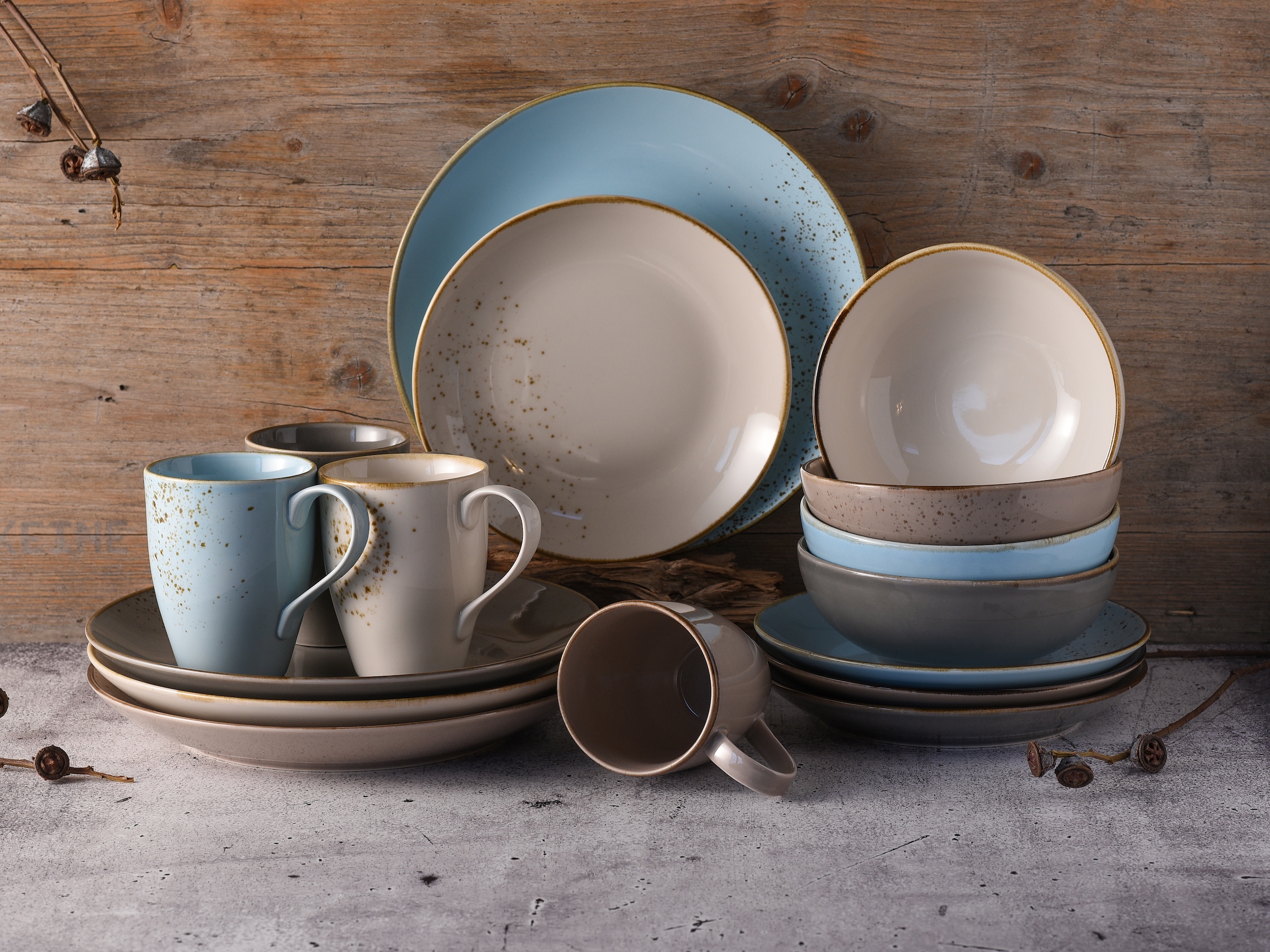 CreaTable Kombiservice »Geschirr-Set NATURE COLLECTION Scandic«, (Set, 16 tlg., Kaffeeservice und Tafelservice im Set, für 4 Personen), Service, Naturfarben mit Sprenkeln, 16 Teile, für 4 Personen