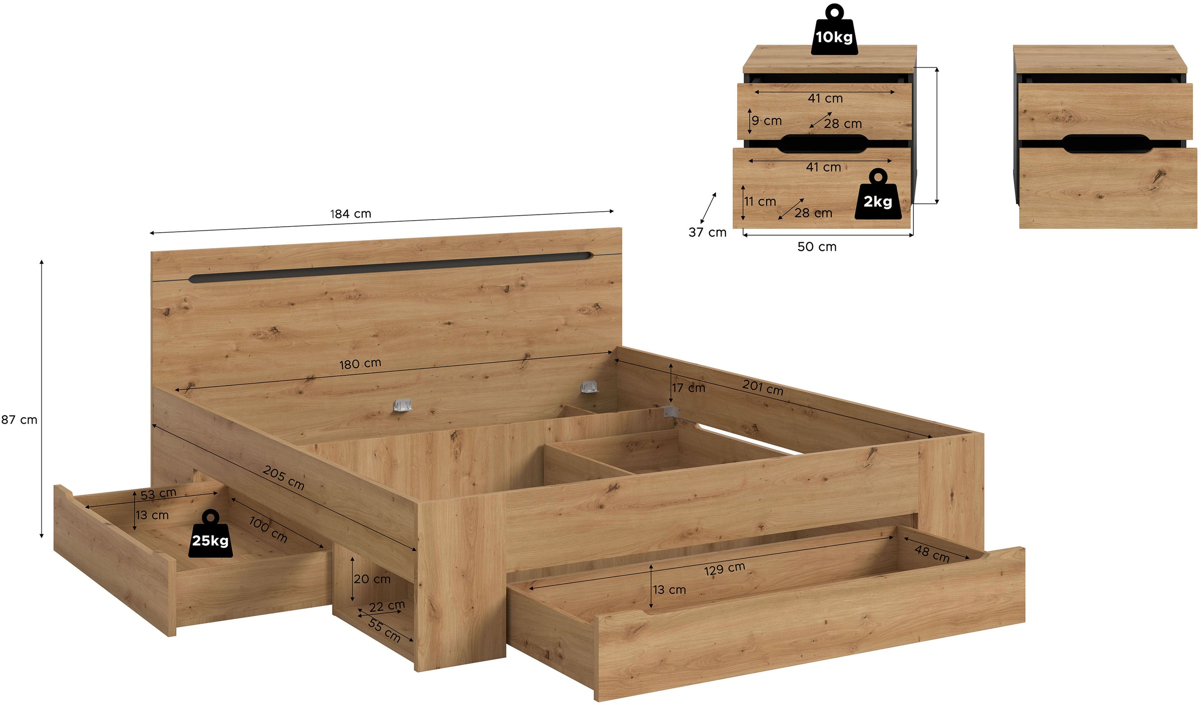 Home affaire Schlafzimmer-Set »REHAT, 3-teilig, bestehend aus: Stauraumbett & 2x Nachtkommode« TOPSELLER!, für Matratzengröße 140x200 cm, viel Stauraum, 3 Stk. tlg. Rehat, Schlafzimmerset, Bett 180x200 cm, Nachttische