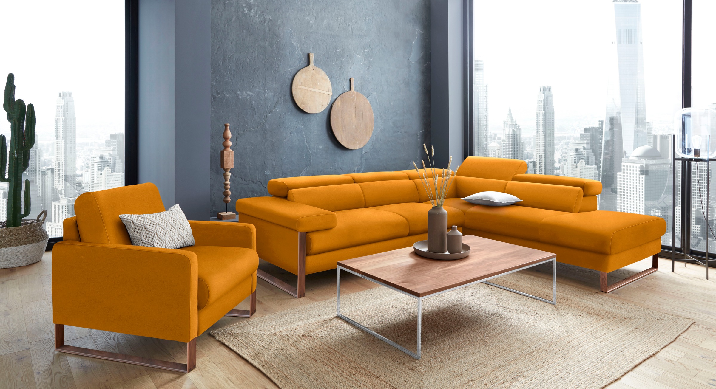 W.SCHILLIG Ecksofa »finn, Designsofa mit tollem Sitzkomfort, bequem, L-Form«, German Design Award 2016, Fußgestell Nussbaum natur, Breite 281 cm