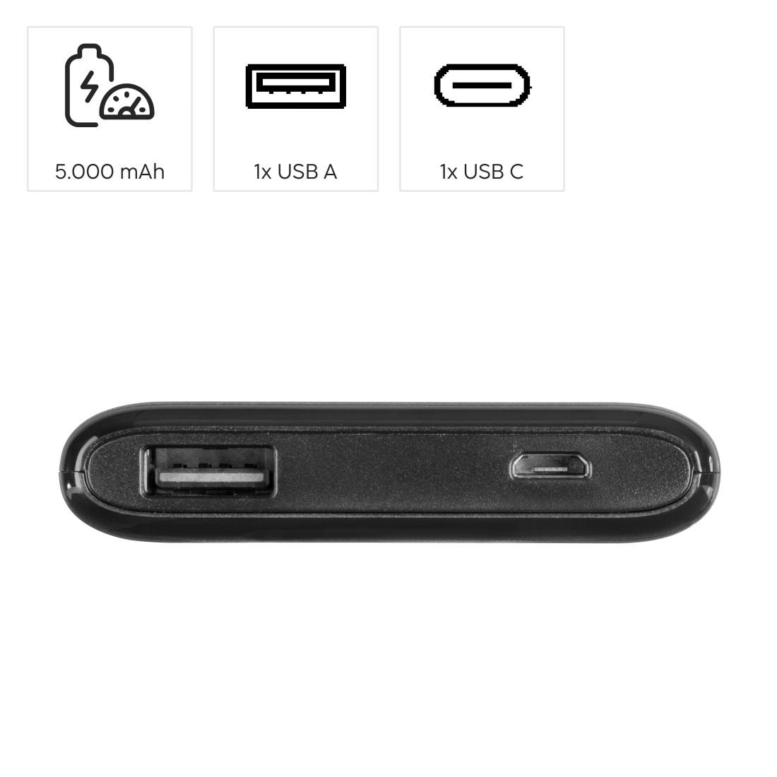 Hama Powerbank »Power Pack, Ausgang 1x USB-A, Eingang 1x Micro-USB, klein und leicht«, Power Pack "SLIM 5HD" 5000mAh, Ausgang USB A, 5000 mAh, 3,7 V