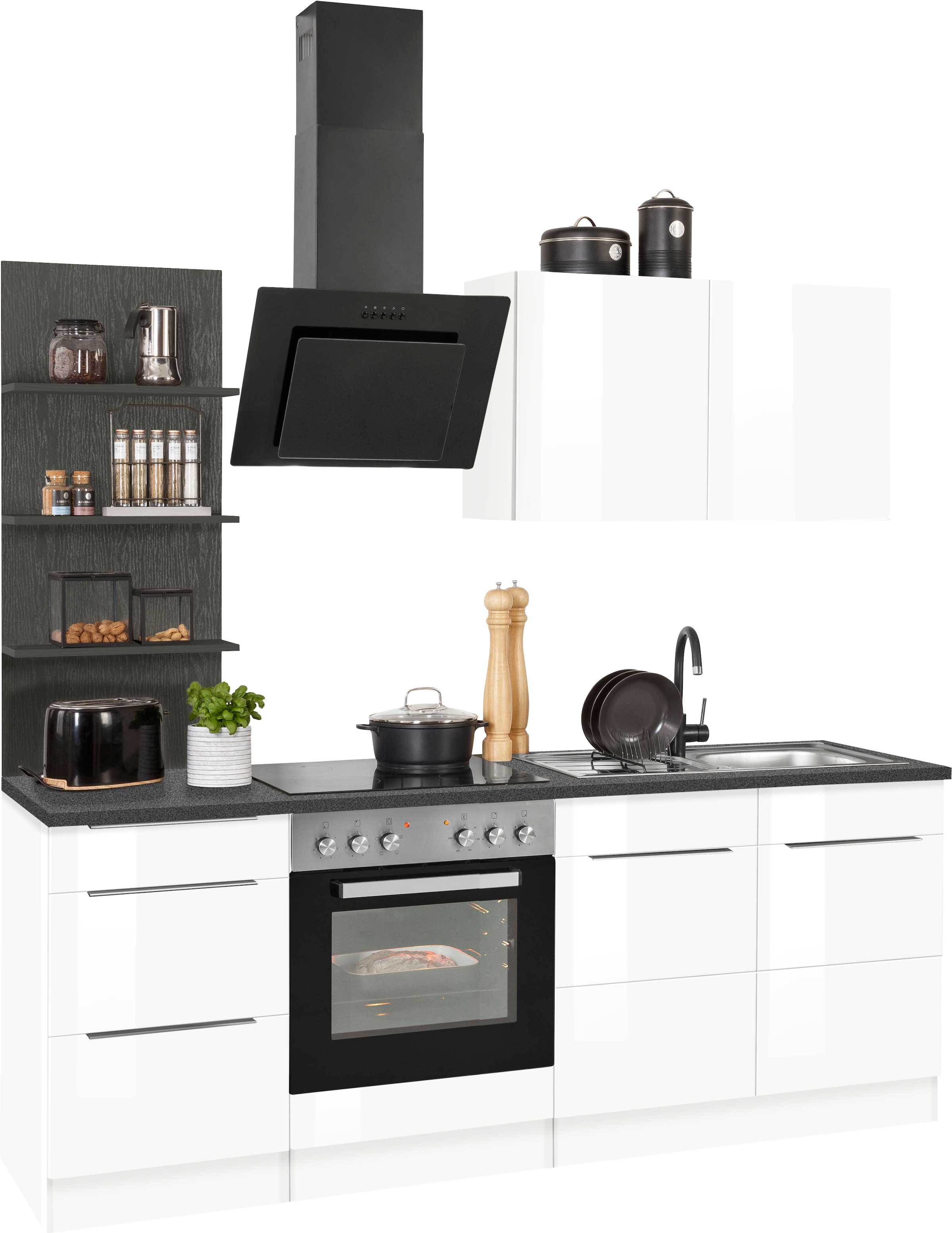 KOCHSTATION Küchenzeile »KS-Brindisi«, Breite 210 cm, wahlweise mit E-Geräten, mit MDF-Fronten und Regal