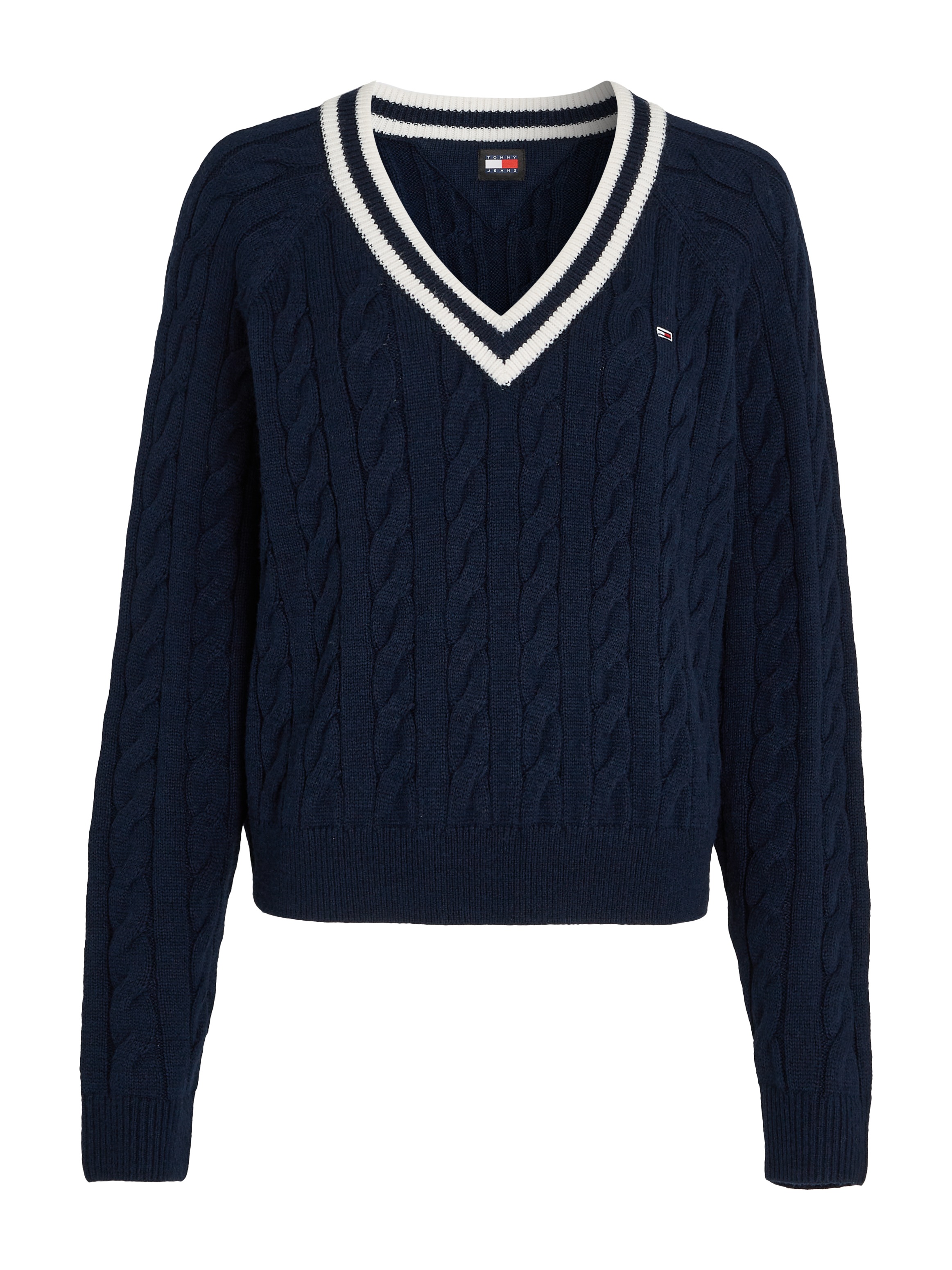 Jeans V-Ausschnitt-Pullover ♕ mit SWEATER«, Tommy V-NECK »TJW Logostickerei CABLE bei