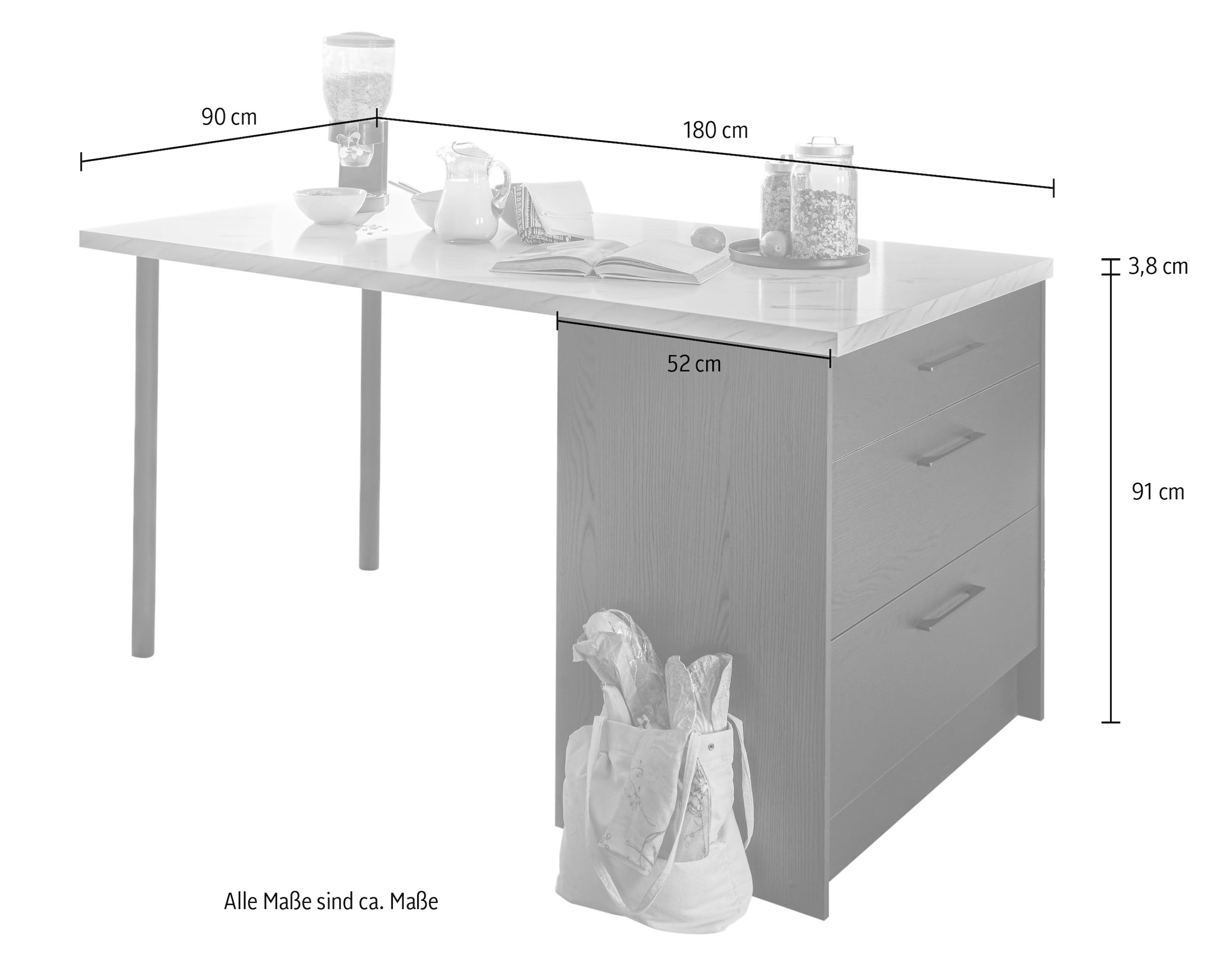 BASIC by Balculina Kücheninsel »Yorki Kücheninsel«, Breite 180 cm, Stauraum und Essplatz