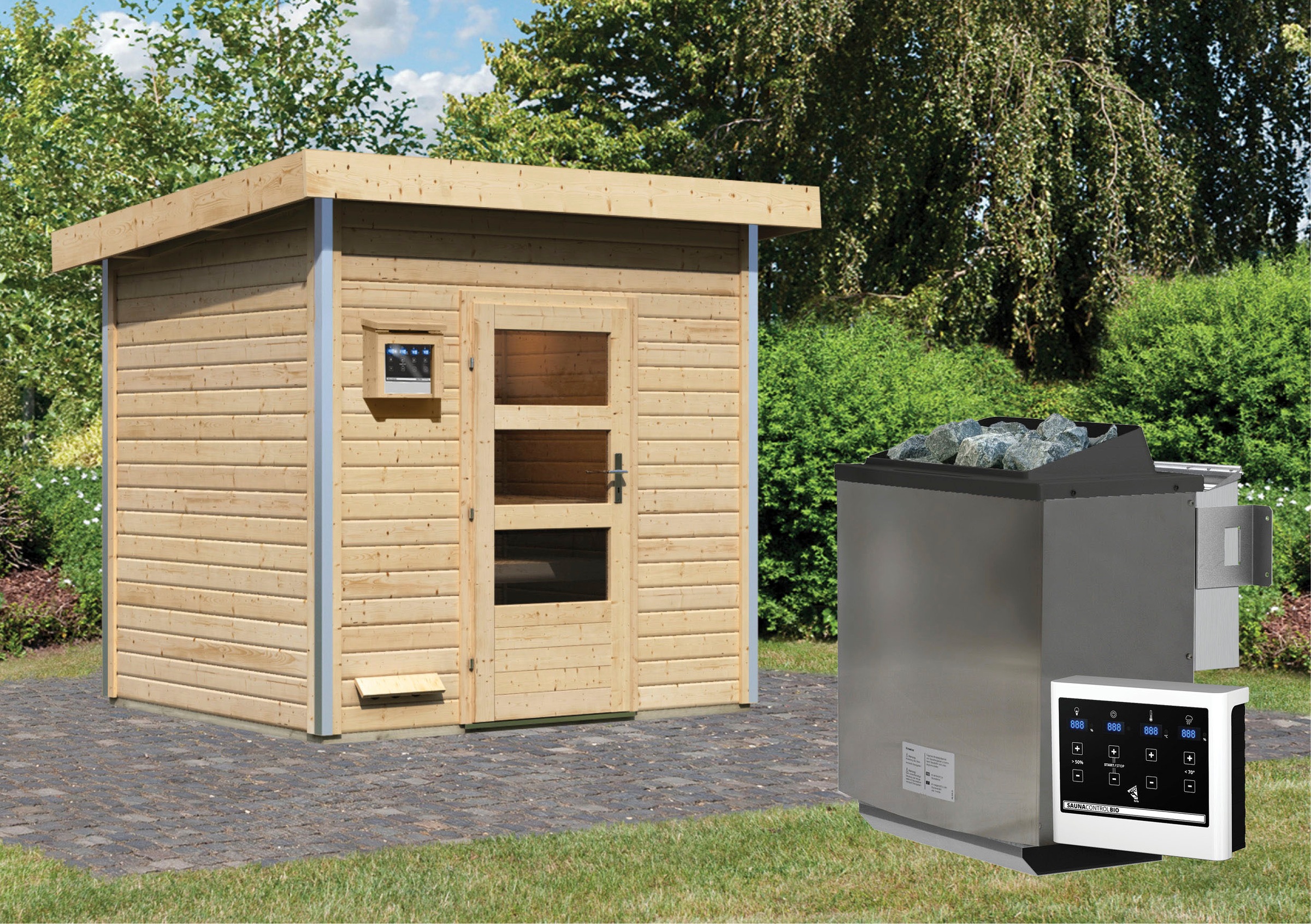 Karibu Saunahaus »Ralf« Set,  Ofen 9 kW Bio externe Strg easy