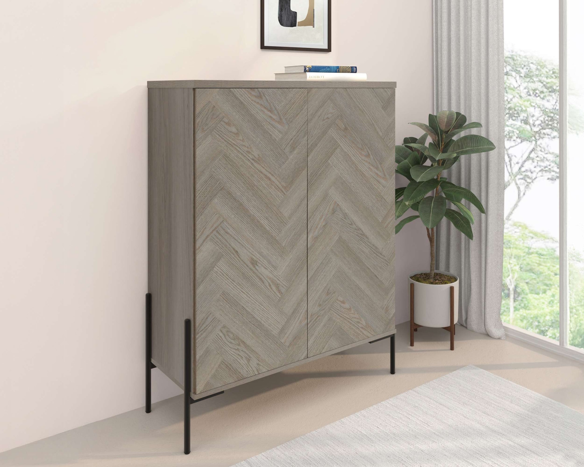 OTTO home Highboard »Eadwine« Kommode, Midischrank, Push-to-open, Türen mit Fischgräten Muster